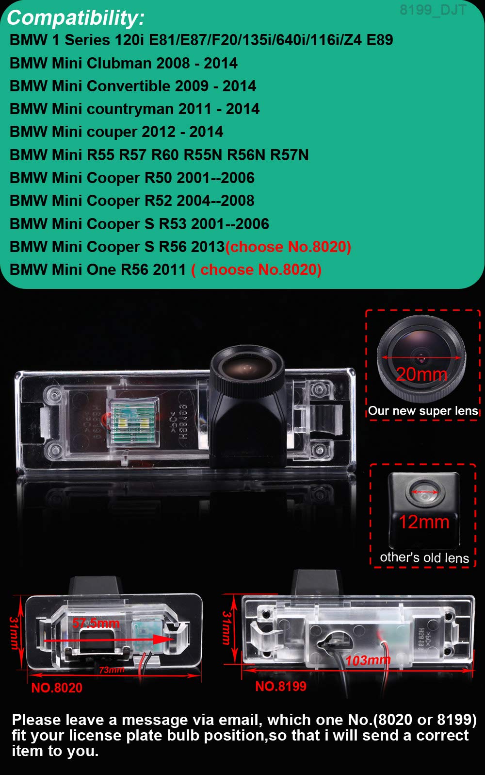 Wodoodporna kamera cofania tablicy rejestracyjnej 20 mm do Mini Clubman/Cabrio/Countryman/Couper/R55 R57 R60 R55N R56N R57N/Cooper R50/R52/S R53/R56/1 Series 120i E81 E87 F20 135i 66 40i Z4