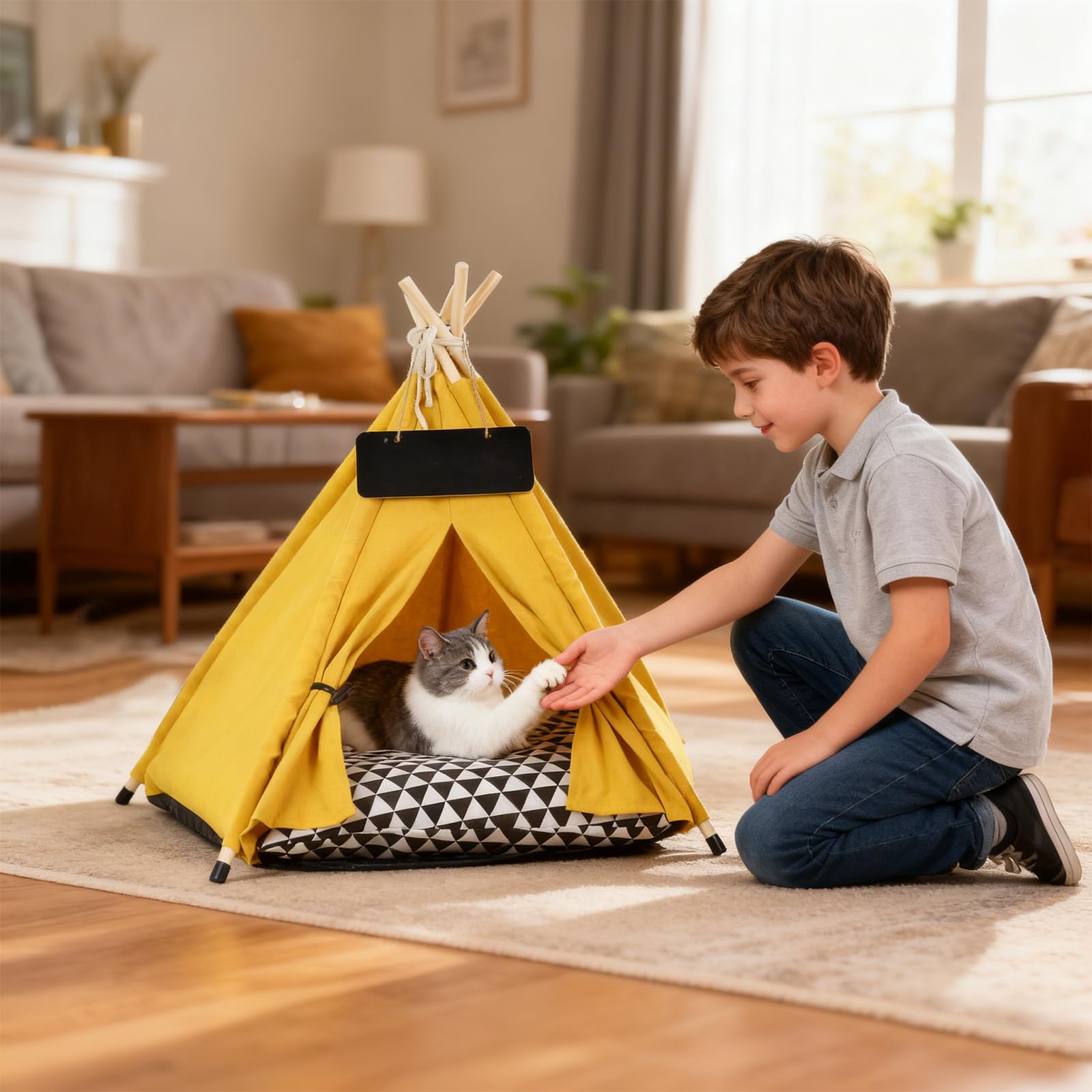 PETCUTE Tente Tipi pour Animaux de Compagnie,Niches pour Chiens avec Coussin Amovible et Lavable,Maisons pour Chat avec Poteaux en Bois,Tente Tipi Portable pour Chiens et Chats,L