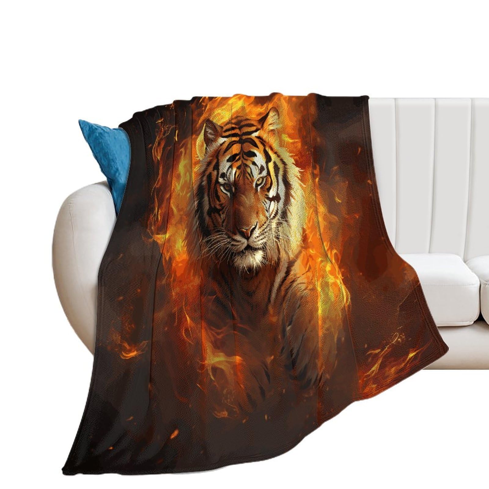 Cool Tiger in Flame Throw Blanket for Couch Soft Cozy Flannel Bed Blanket Fuzzy Decorative Blanket Warm Lightweight Throw Blanket All-Season Home Decor Gift for Home Office Sofa 40"*50" （100 * 130cm）