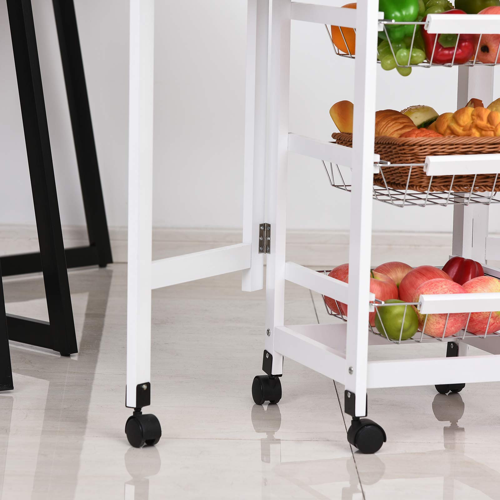 HOMCOM Chariot de Service Multi-Rangements Tiroir MDF Blanc Chêne Clair | Desserte de Cuisine à Roulettes, 3 Paniers Métal, Rallonges