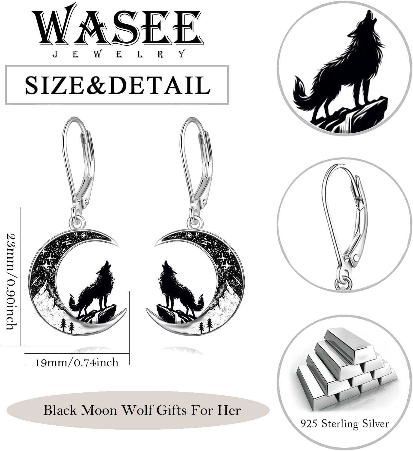 Black Cat/4th of July/Bat/Spider/Pumpkin/Wolf/Bunny/Sun and Moon/Turtle/Raven 925 Sterling Silver Leverback Dangle Earrings Moon Gothic Christmas Earrings Jewelry Gift for Women - Image 5