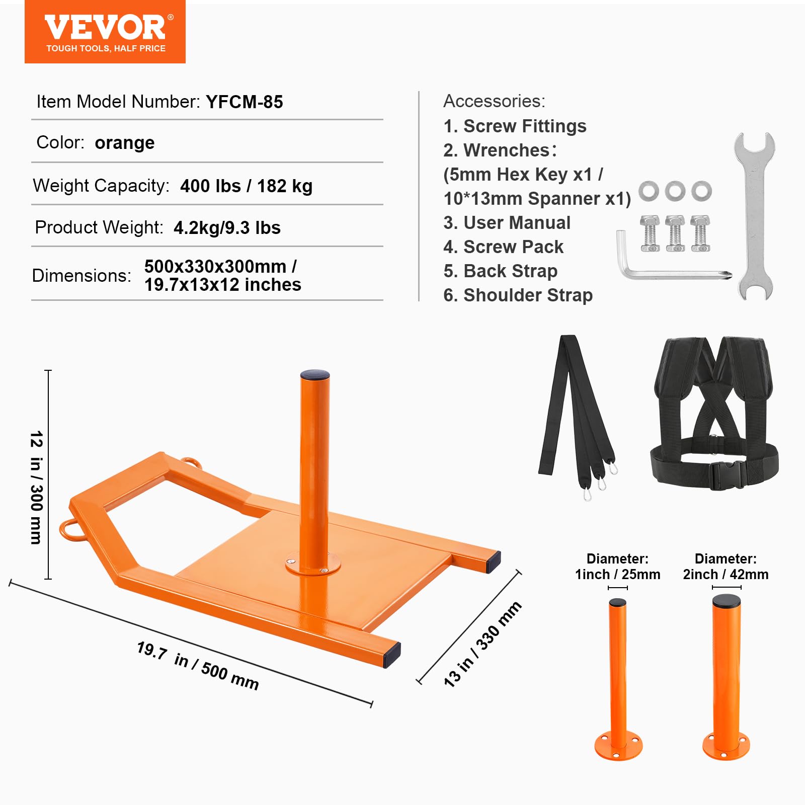 VEVOR Traîneau de Puissance Fitness, Traineau de Résistance en Acier, Équipement d'Entraînement de Force, de Vitesse et d’Explosivité, Convient aux Disques de Poids de 25 et 42 mm, Gym, Orange