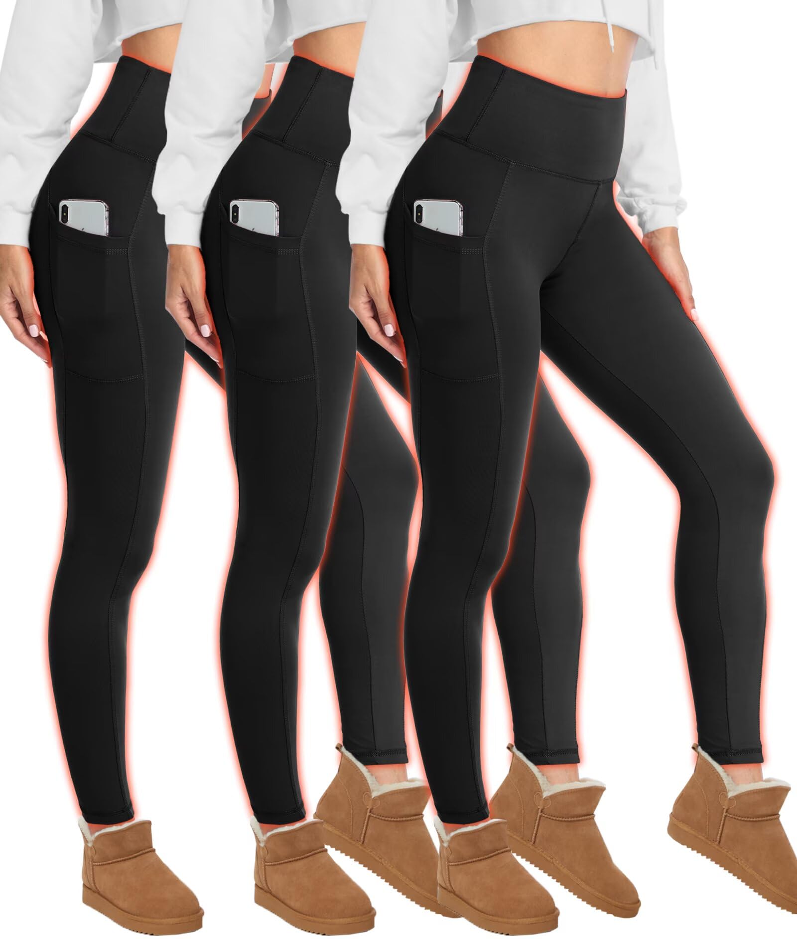 3 Pack Fleece Lined Leggings for Women with Pockets - Tummy Control Thermal Warm Yoga Pants Plus Size S/M-4XL