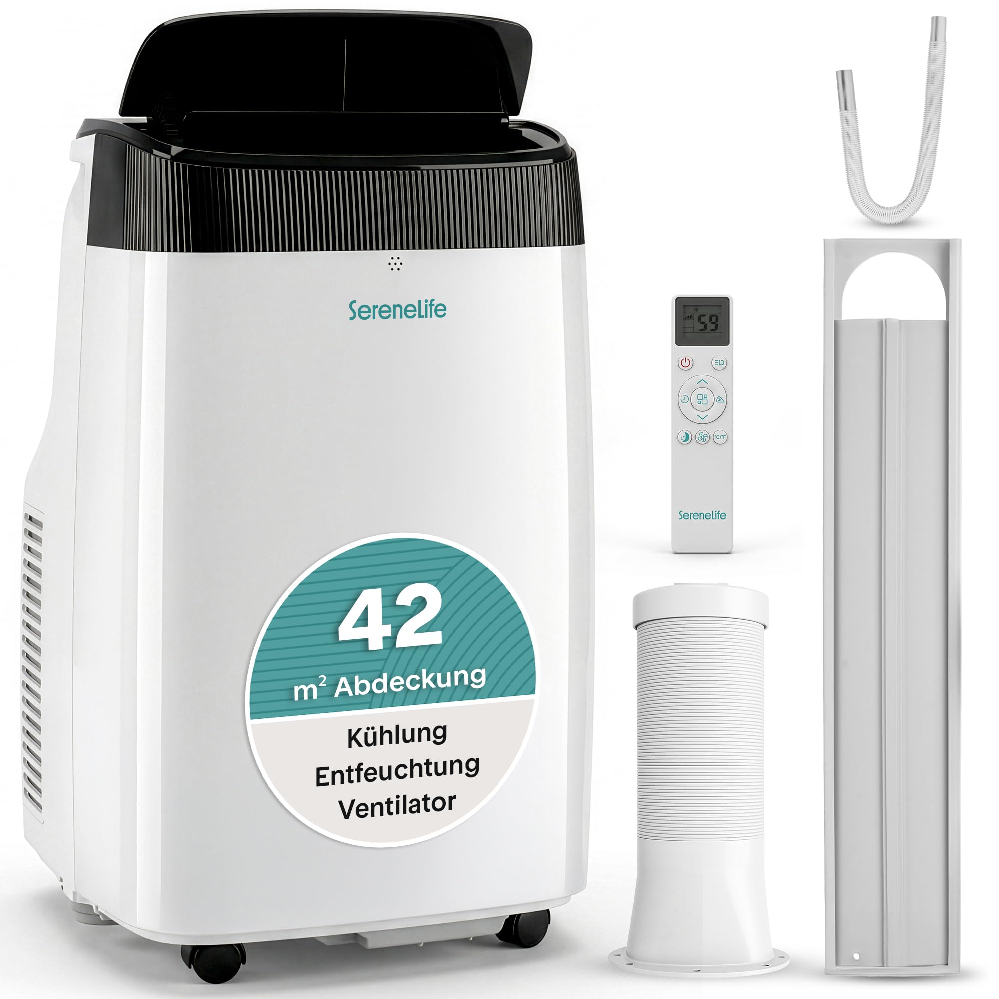 SereneLife Mobile Klimaanlage 4 kW 9000 BTU Leises Klimagerät bis 20 m² mit Entfeuchter, Lüfter & Fernbedienung