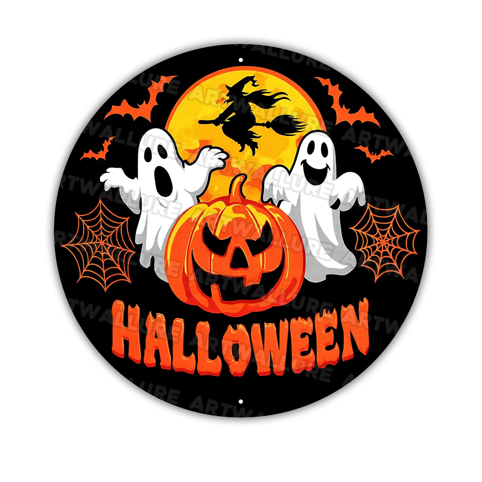 Retro Halloween Round Tin Sign Gothic Wall Art Metal Plaque Ghost Bat Witch Decor Vintage 8x8inch