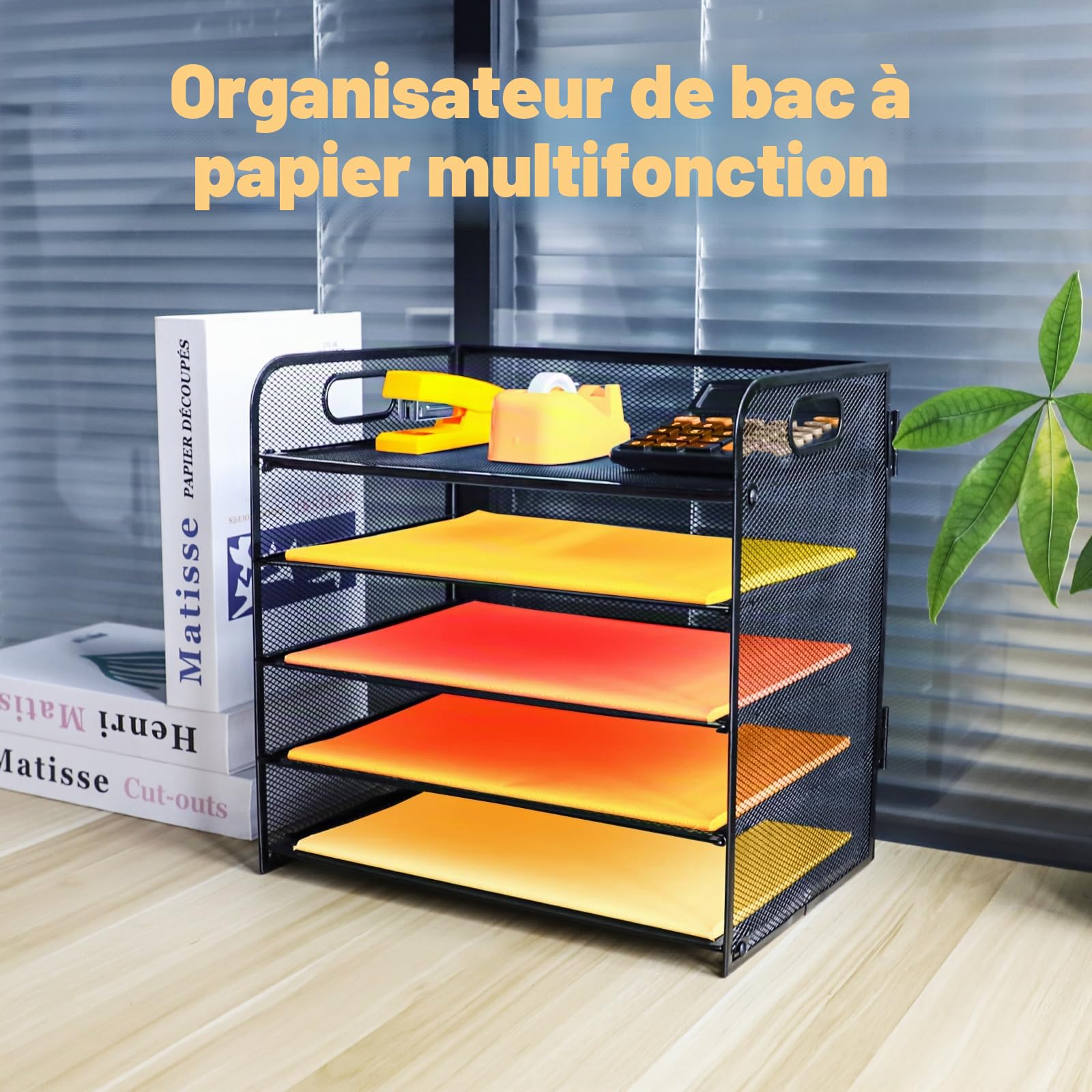 Corbeille à courrier à 5 niveaux avec poignée, organiseur de fichiers de bureau en maille métallique avec plateaux, plateaux de classement de bureau A4, porte-revues pour la maison, le bureau, l'école