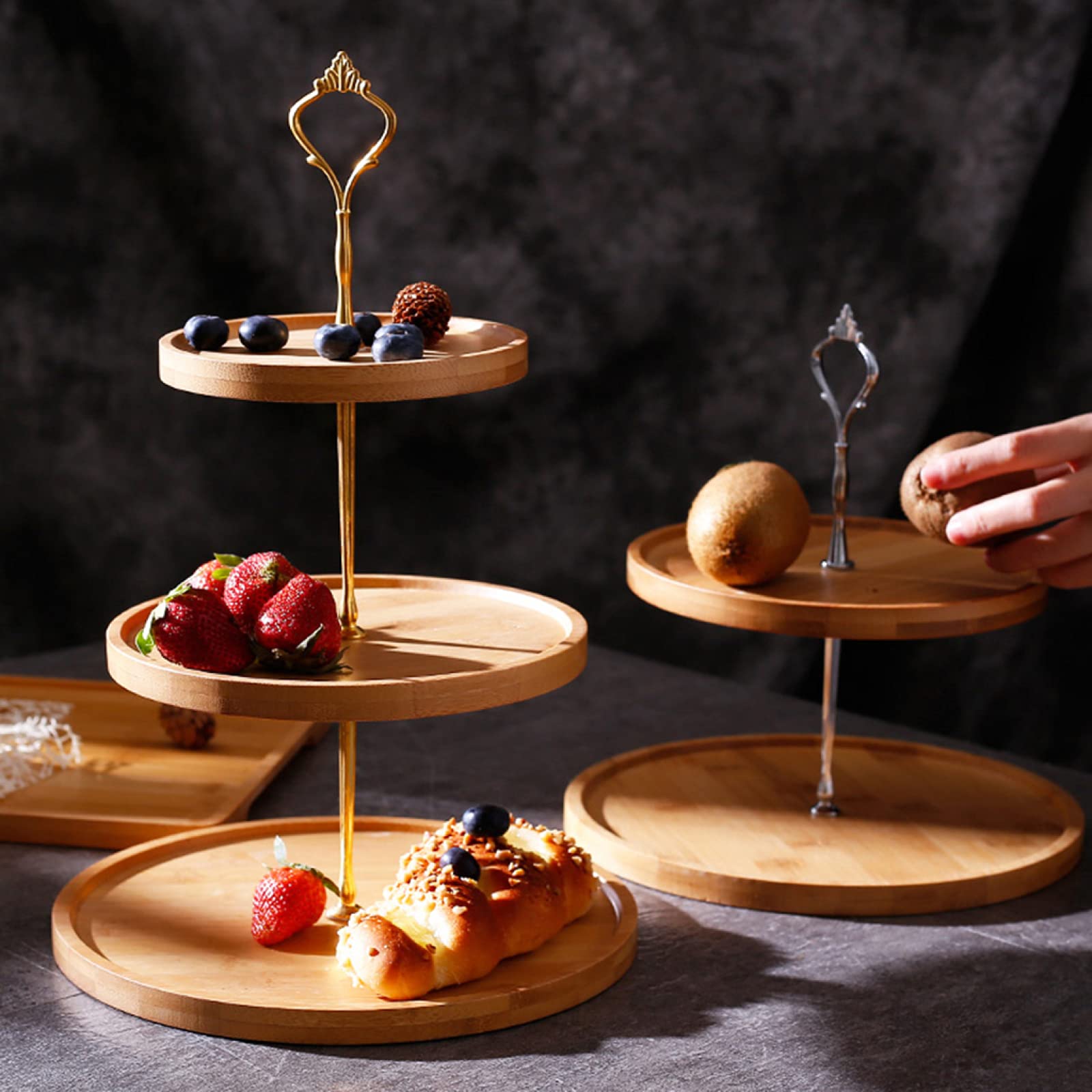 ZXCVB Alzata per Torta in bambù A 3 Livelli,per Frutta E Dolci Vassoi,Multiuso E Frutta Vassoio da Portata, per Matrimoni Feste Cene Compleanni Ristoranti,Naturale, Marrone,Gold-3 Layers