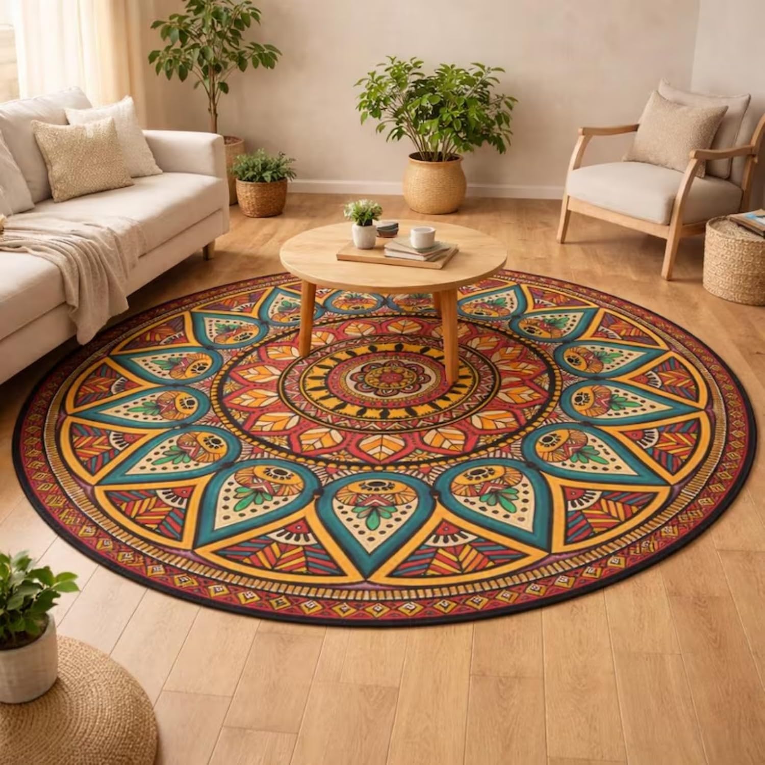 USHIRUG Bohemian Round Rug,200cm Mandala Floral Abstract Geometric Print Rug, Soft, Non-Slip, Washable Circle Mat, Colorful Striped Rugs, Carpet for Living Room, Bedroom, Entrance Floor Decoration