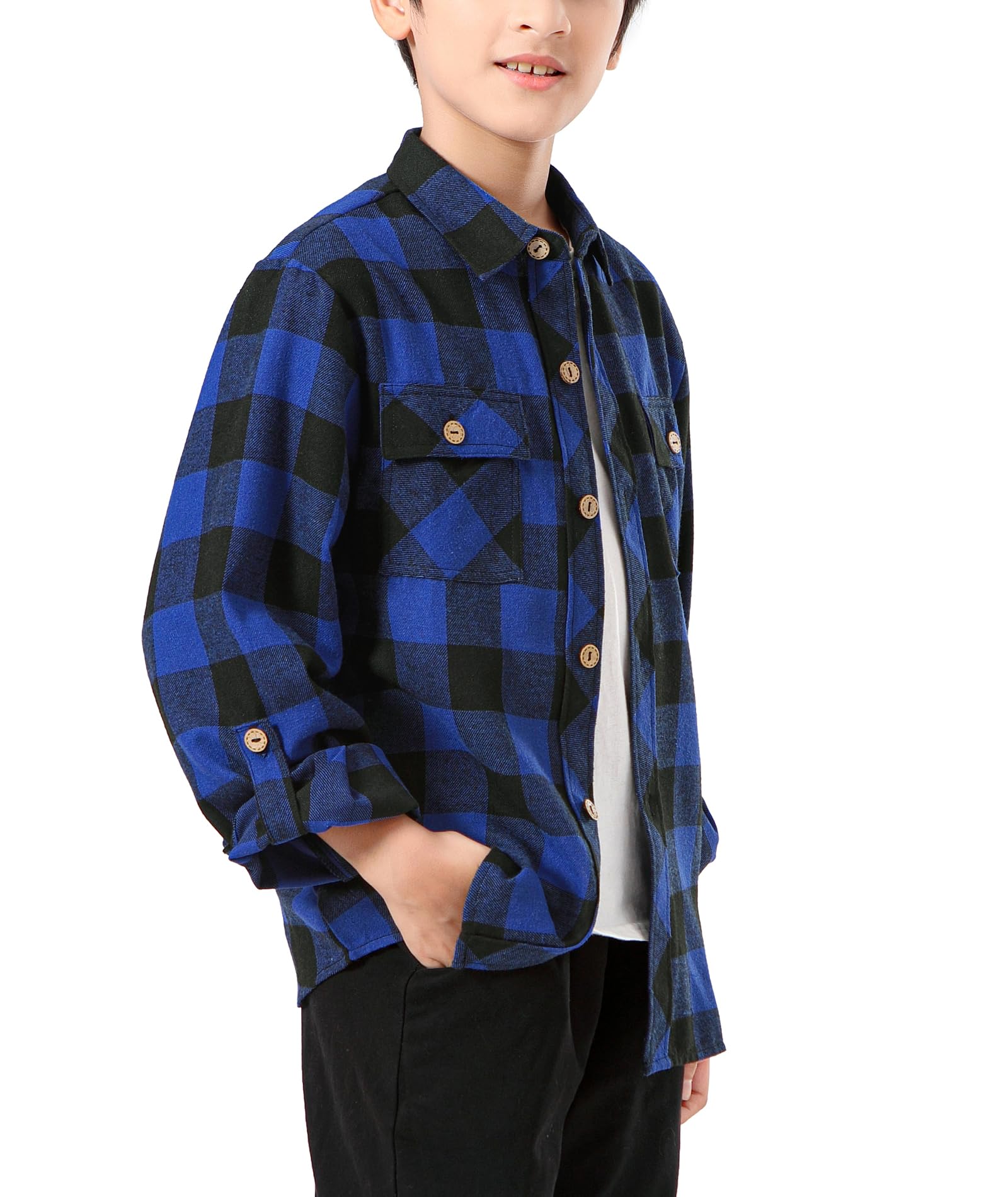 Boys Plaid Flannel Shirts Long Sleeve Classic Collared Button Down Shirts for 6-15 Years