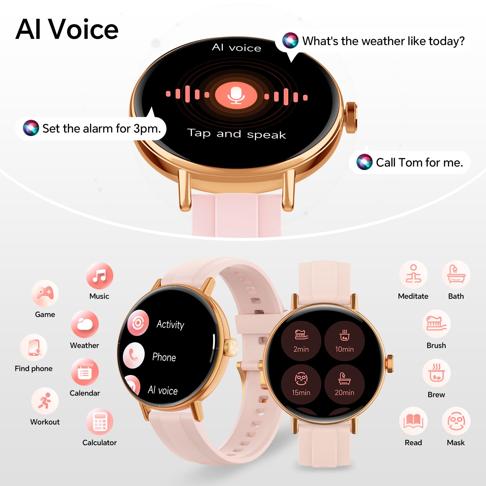 Smart Watches for Women,1.27" HD Fitness Tracker Answer/Make Call, Heart Rate/Sleep/SpO2，Round Smart Watch for iPhone/Samsung/Android,IP68 Waterproof，110+ Sport Mode-Pink(2 Bands)