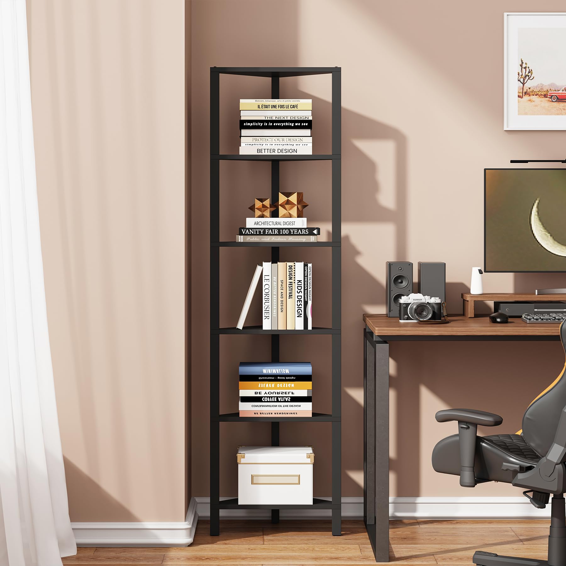 TUTOTAK Corner Shelf, 6-Tier Corner Bookshelf for Small Space, Narrow Display Corner Shelf Stand with Storage Rack, for Living Room, bedroom, Black BS05BK006EU