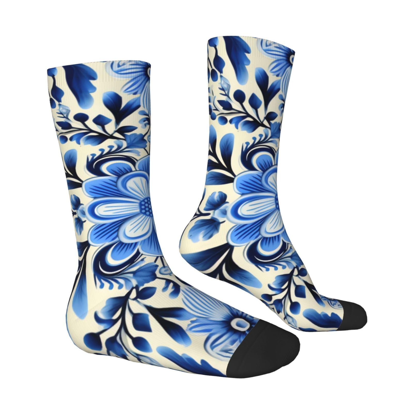 LZQPOEAS Blue Folk Art Athletic Socks Unisex Cushioned Crew Socks Hiking Running Calf Sock Soft Above Ankle Sock