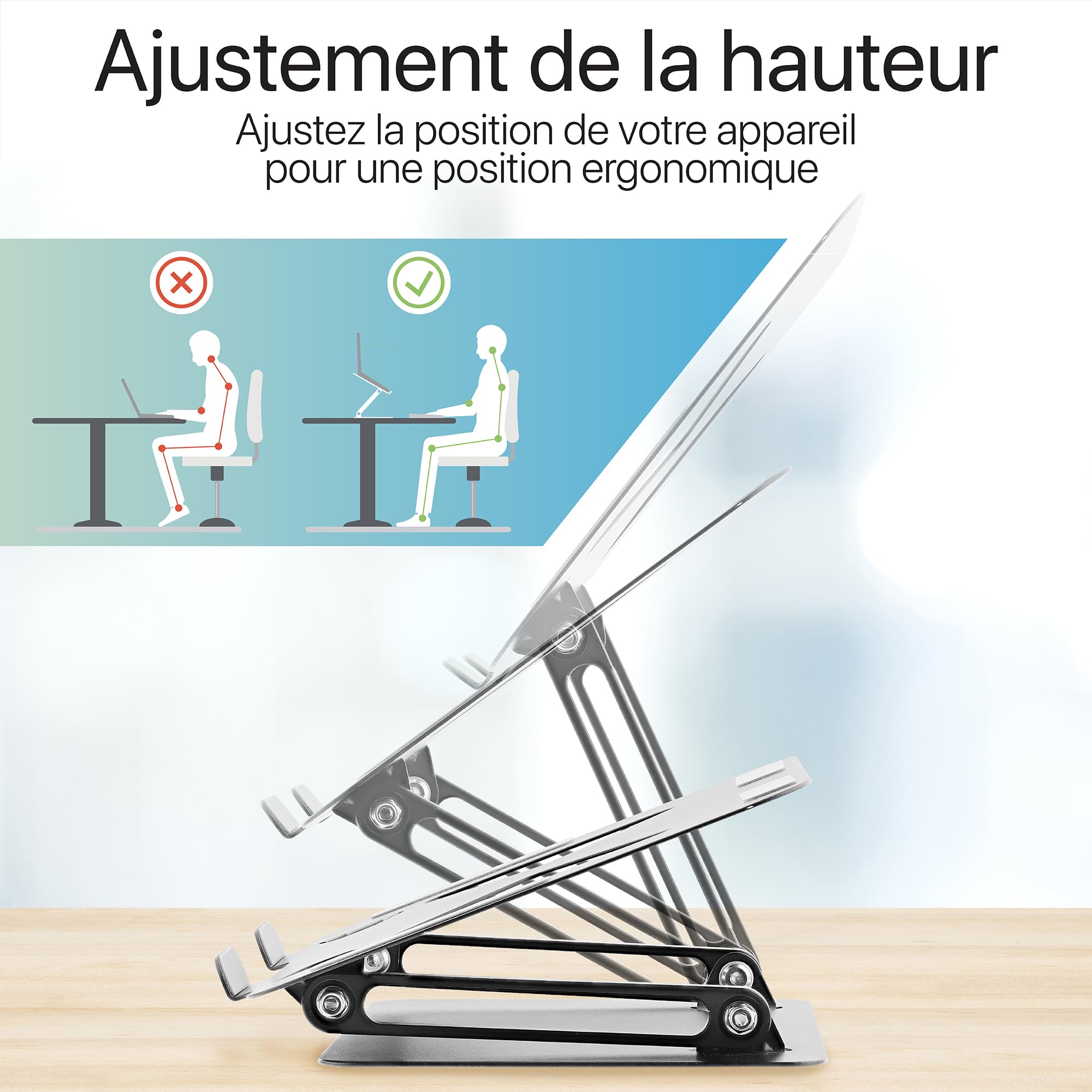 T'nB - Supporto per notebook regolabile in alluminio, comodo ed ergonomico per una posizione di lavoro ottimale, antiscivolo per la massima stabilità - Grigio Alluminio