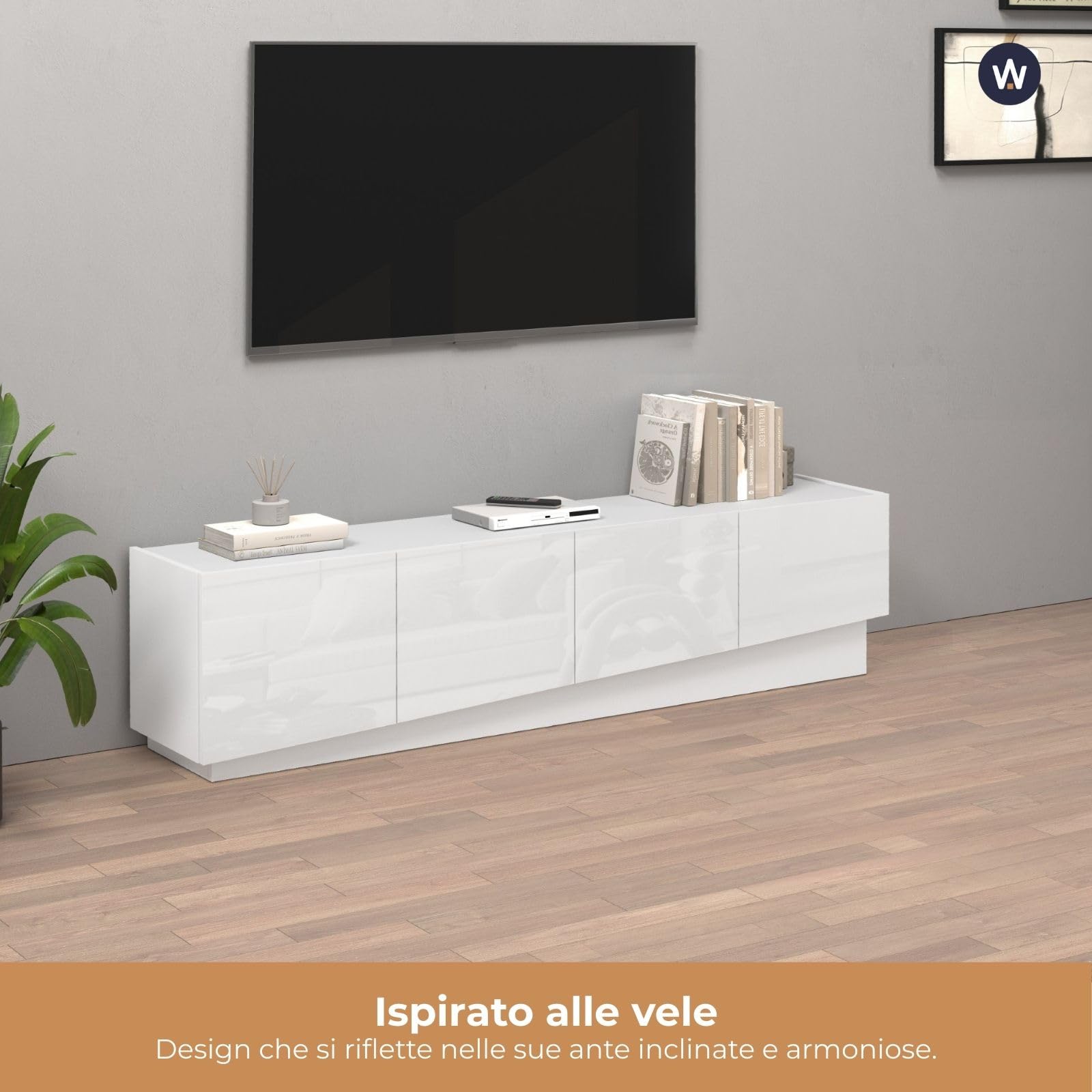 WHOUS Mobile Porta TV VELA per Soggiorno con 4 Ante e 2 Vani Interni, Mobile Tv per Salotto in Legno, 180x35x45,4 cm, Bianco Lucido