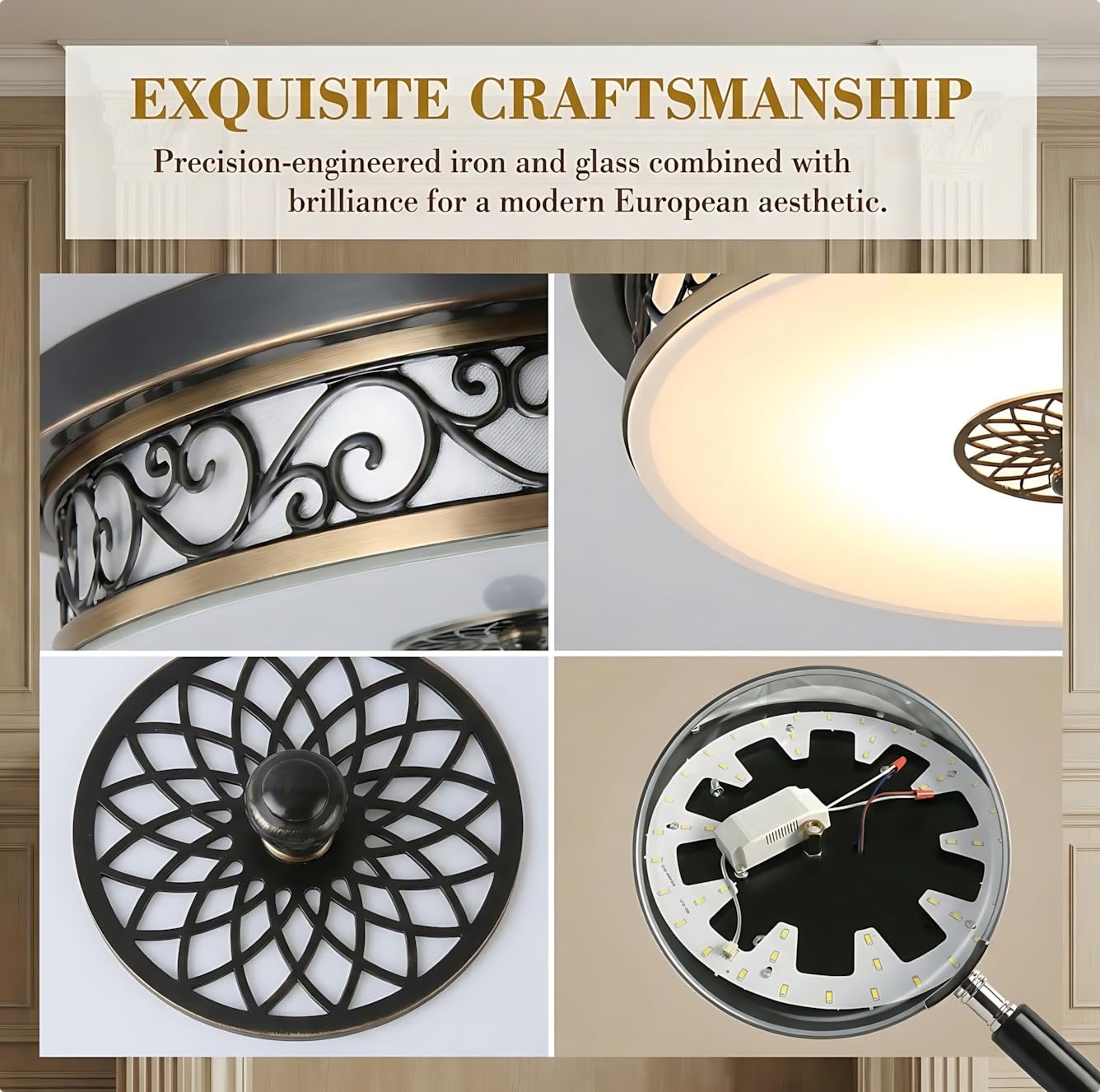Vintage LED Deckenleuchte Schwarz Gold, Retro Eisen Deckenlampe mit Glasschirm für Gemütliches Schlafzimmer, Dekorative Wohnzimmerlampe Flur Wohnungsdeko(3000K,30CM)