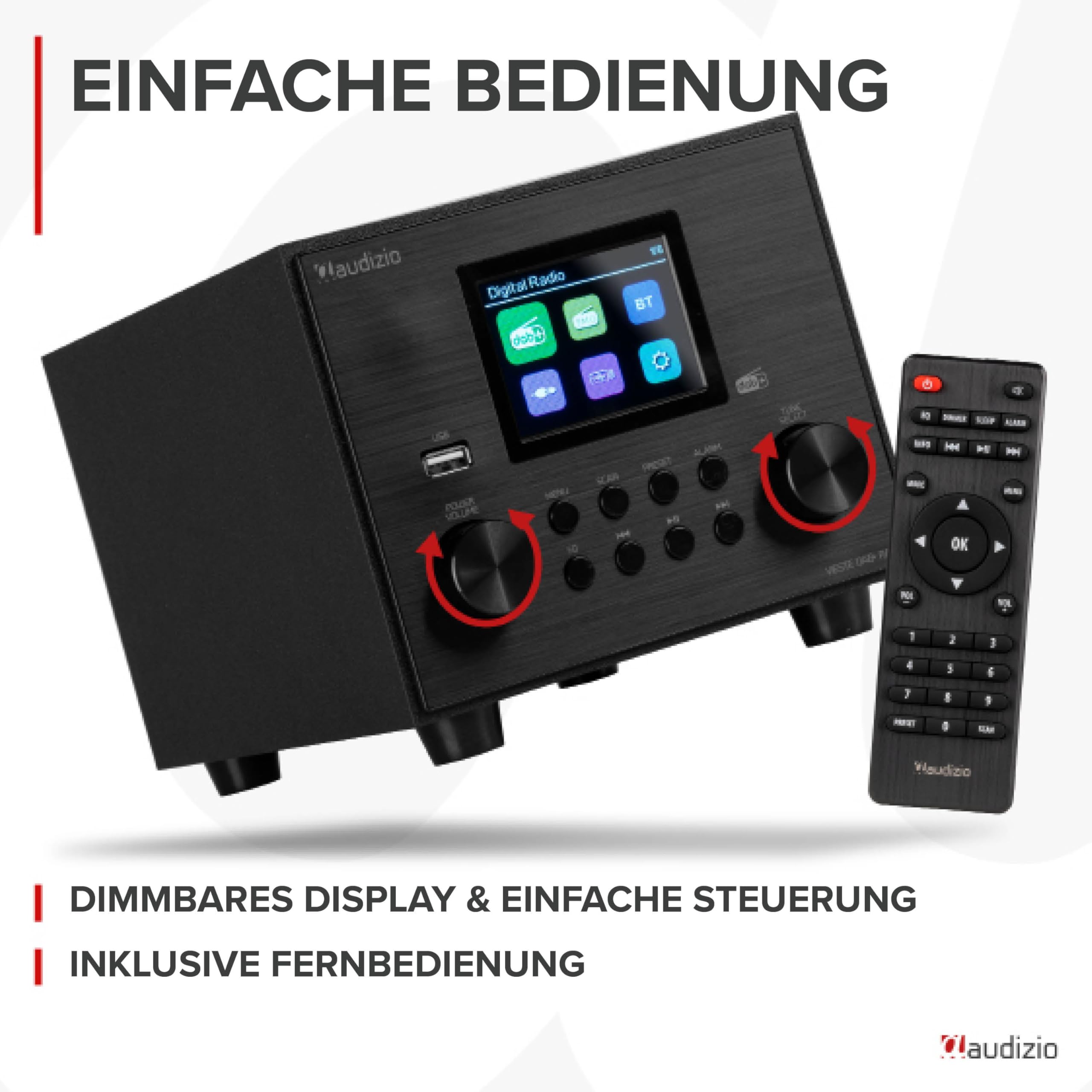 Audizio Vieste - DAB Radio mit Bluetooth, 60 Watt Lautsprecher, DAB Plus Radio mit USB Anschluss, FM & UKW, Weckerfunktion, 20 Speicherplätze, Auto-Suchlauf, Schwarz