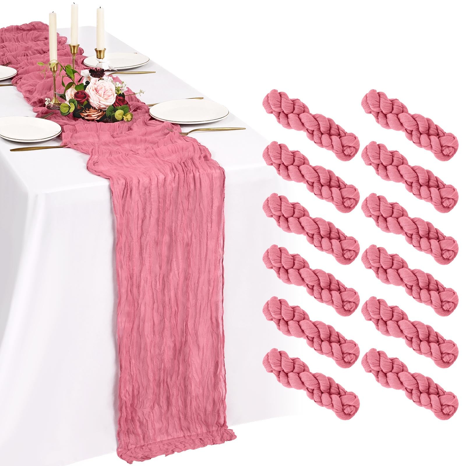 Showgeous 12 Pack Dusty Rose Cheesecloth Table Runners,21x120 Inch