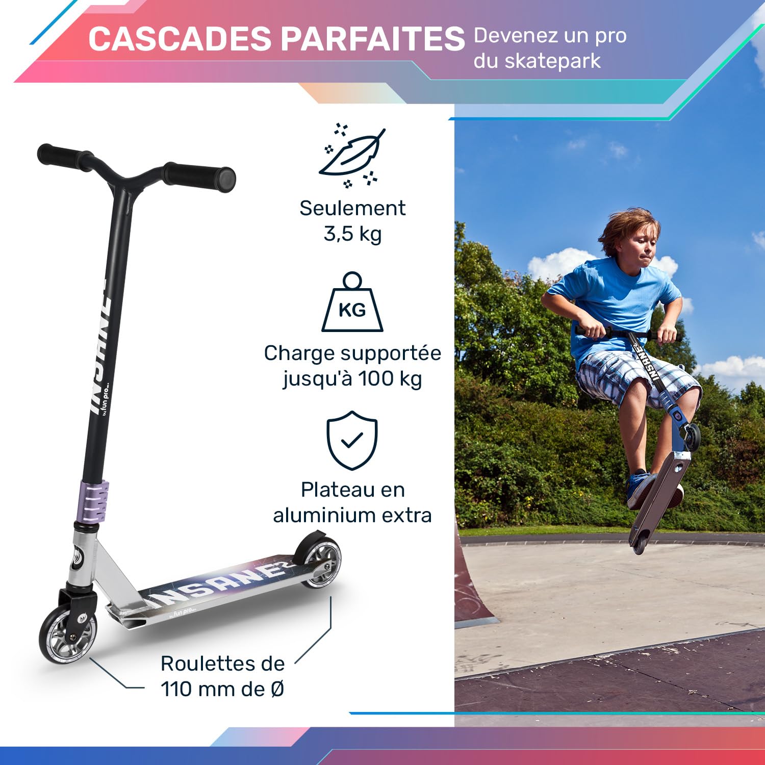 Fun Pro Insane2 – Trottinette Freestyle Semi-pro Avec Compression HIC, Roues 110mm Adhérentes Et Grip Ultra Costaud, Pour Riders Jusqu’à 100 Kg