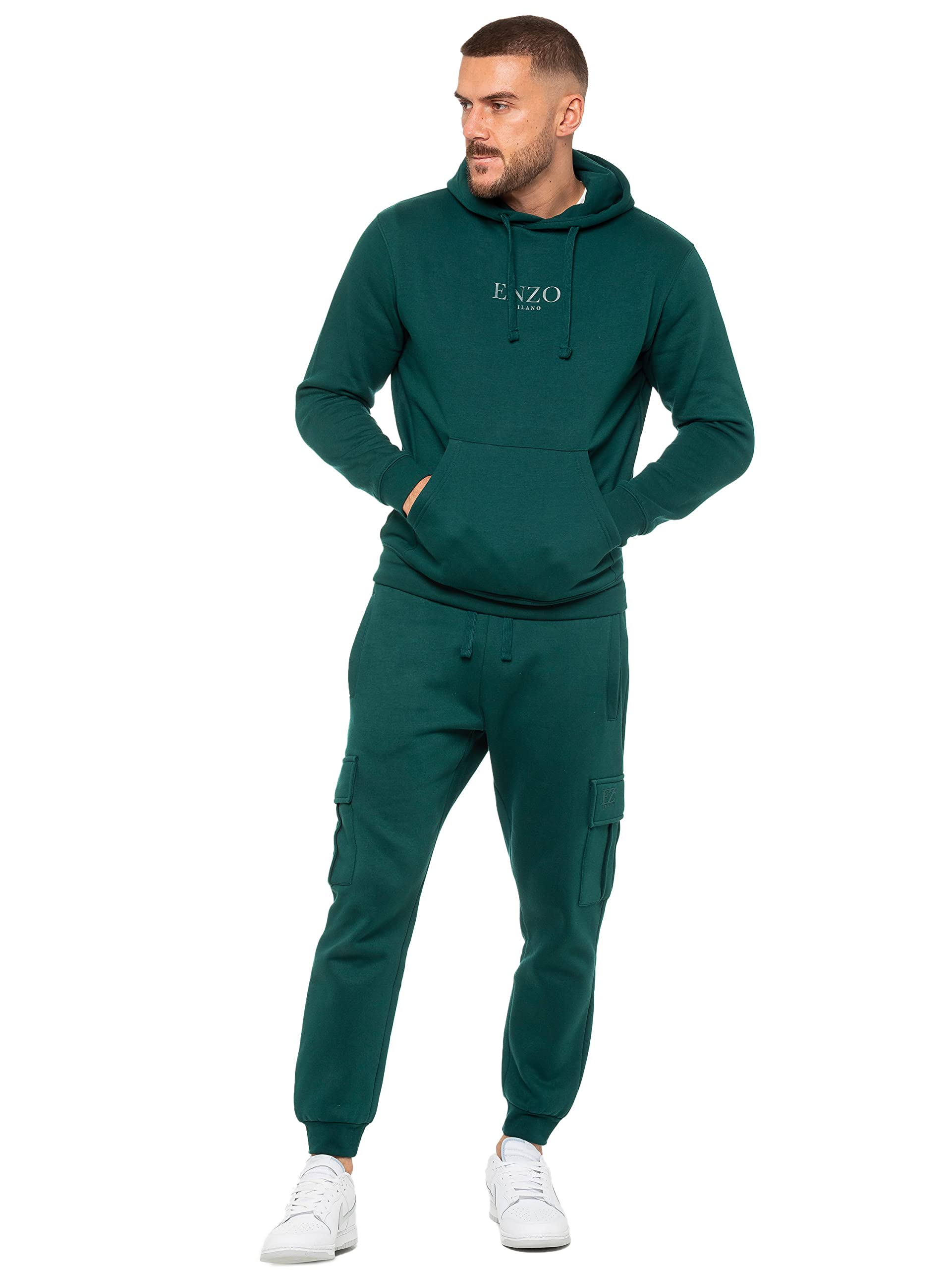 989Zé ENZO Mens Tracksuit Hooded Fleece Sweatshirt Overhead Hoodie Pullover Casual Fleece Cargo Combat Joggers Sweatpants Set EZHD600 & EZJGC599 GREEN XXL