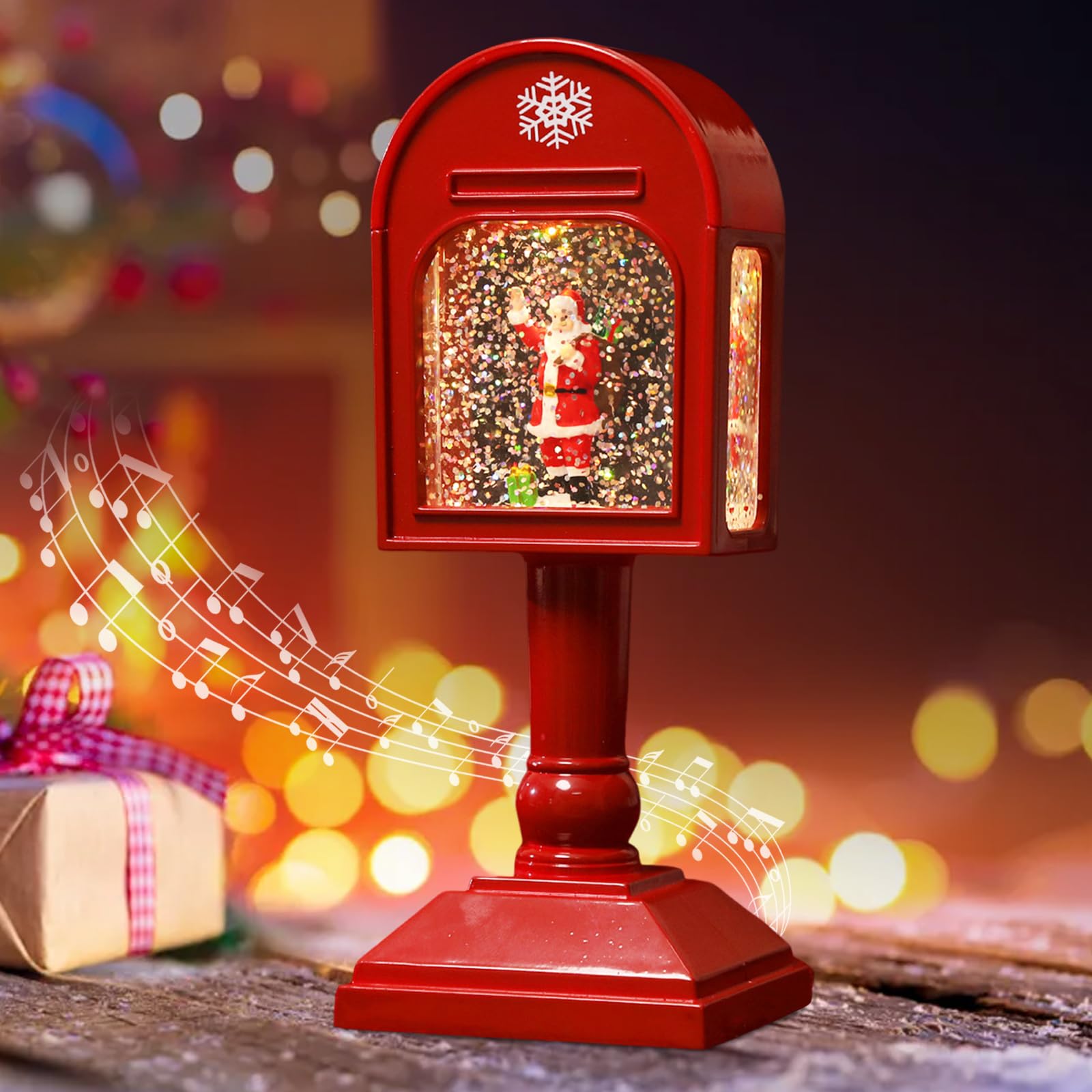Lámpara de decoración navideña, lámpara de bola de nieve de Navidad con música, decoración de Navidad, lámpara de buzón retro de Navidad con bola de nieve brillante para iluminación nocturna, funciona