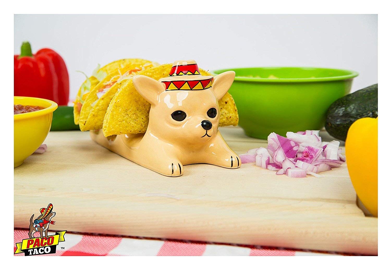 Chihuahua Taco Holder with Festive Sombrero - The Original Fun Decorative Taco Holder - Restaurant Quality Hand Made Ceramic - 3 Tacos - Adorable Novelty - Dishwasher Safe