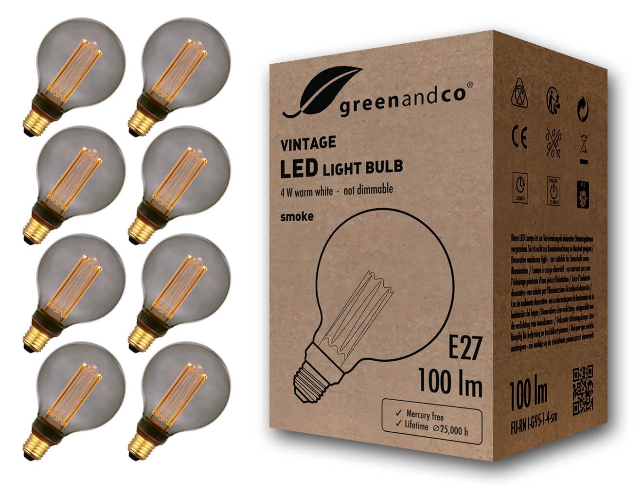 greenandco 8X Decorative LED Vintage Light Bulb | E27 G95 | Smoke | 4W 100lm | 1800K Extra Warm White | 320° | 230V | Flicker Free | Not Dimmable — image 1