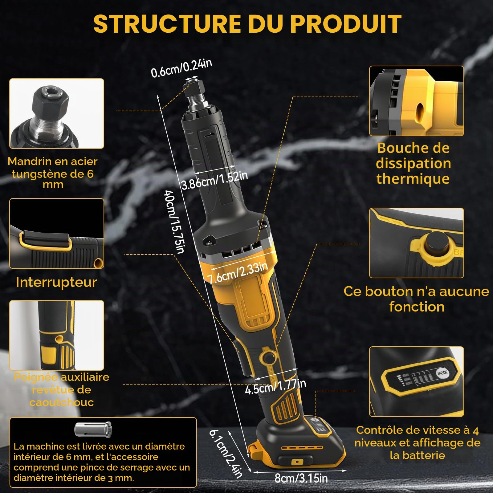 Meuleuse droite à batterie, ponceuse droite professionnelle, 4 vitesses variables pour ponçage, polissage, gravure (sans batterie) (compatible avec DeWalt)
