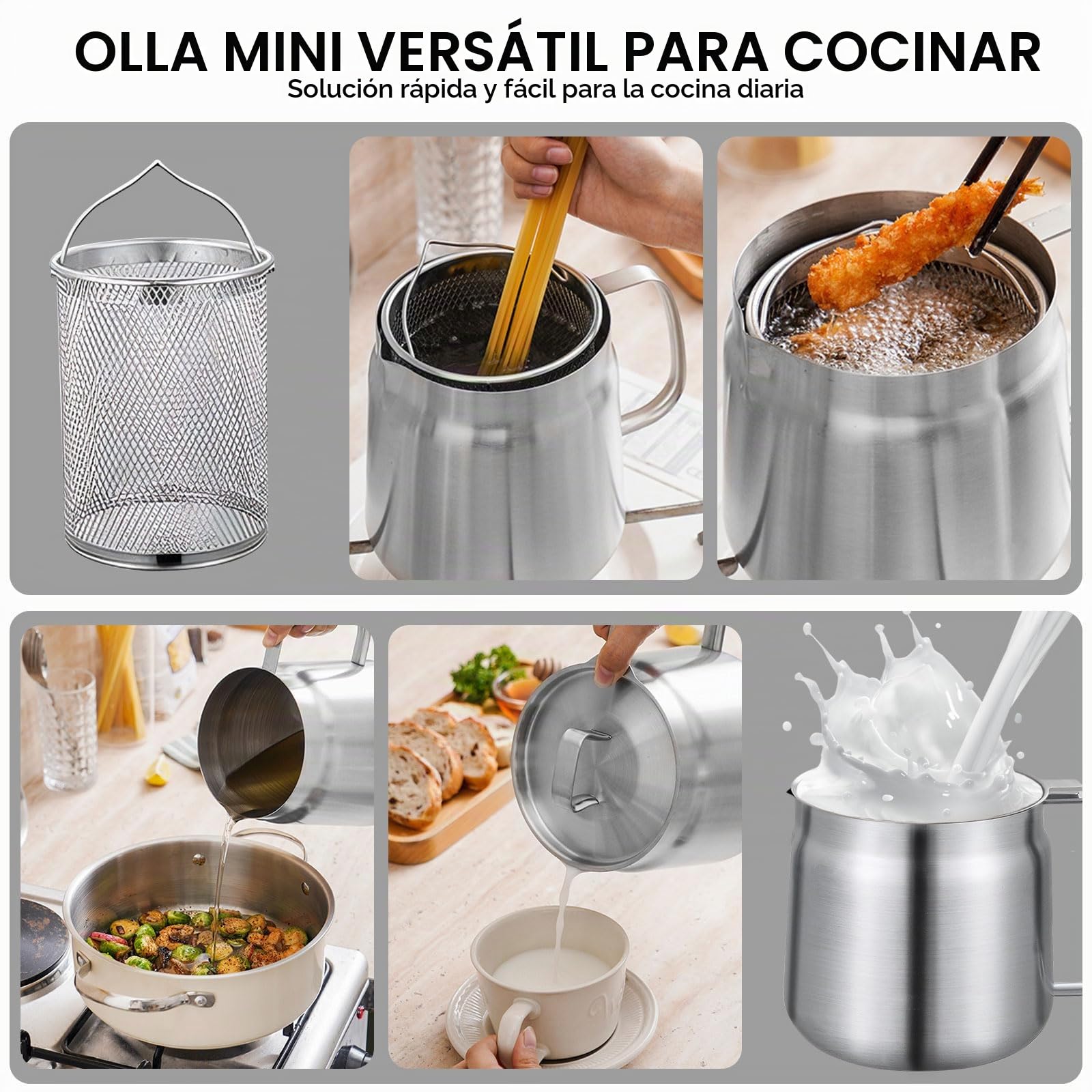 Olla de filtro de aceite de acero inoxidable 304 con cesta de filtro y malla, tapa a prueba de polvo y bandeja antideslizante con asa para almacenar, freír y cocinar grasa (1,5 L)
