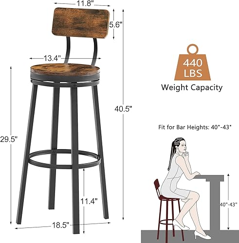 Miniatura 3 de Juego de 2 taburetes de bar giratorios industriales de 29 pulgadas de alto con respaldo y asiento redondo de madera, sillas de bar de metal para