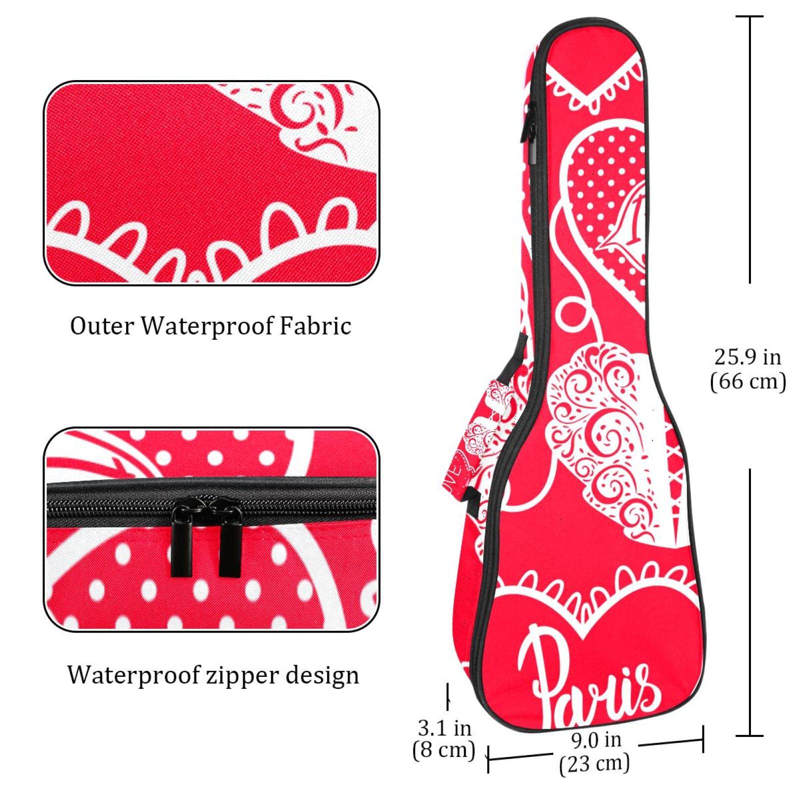 Sac à dos robuste pour ukulélé de concert - Sac de rangement pour ukulélé soprano - Ukulélé ténor - Sac rembourré de 10 mm - Motif Tour Eiffel - Rouge