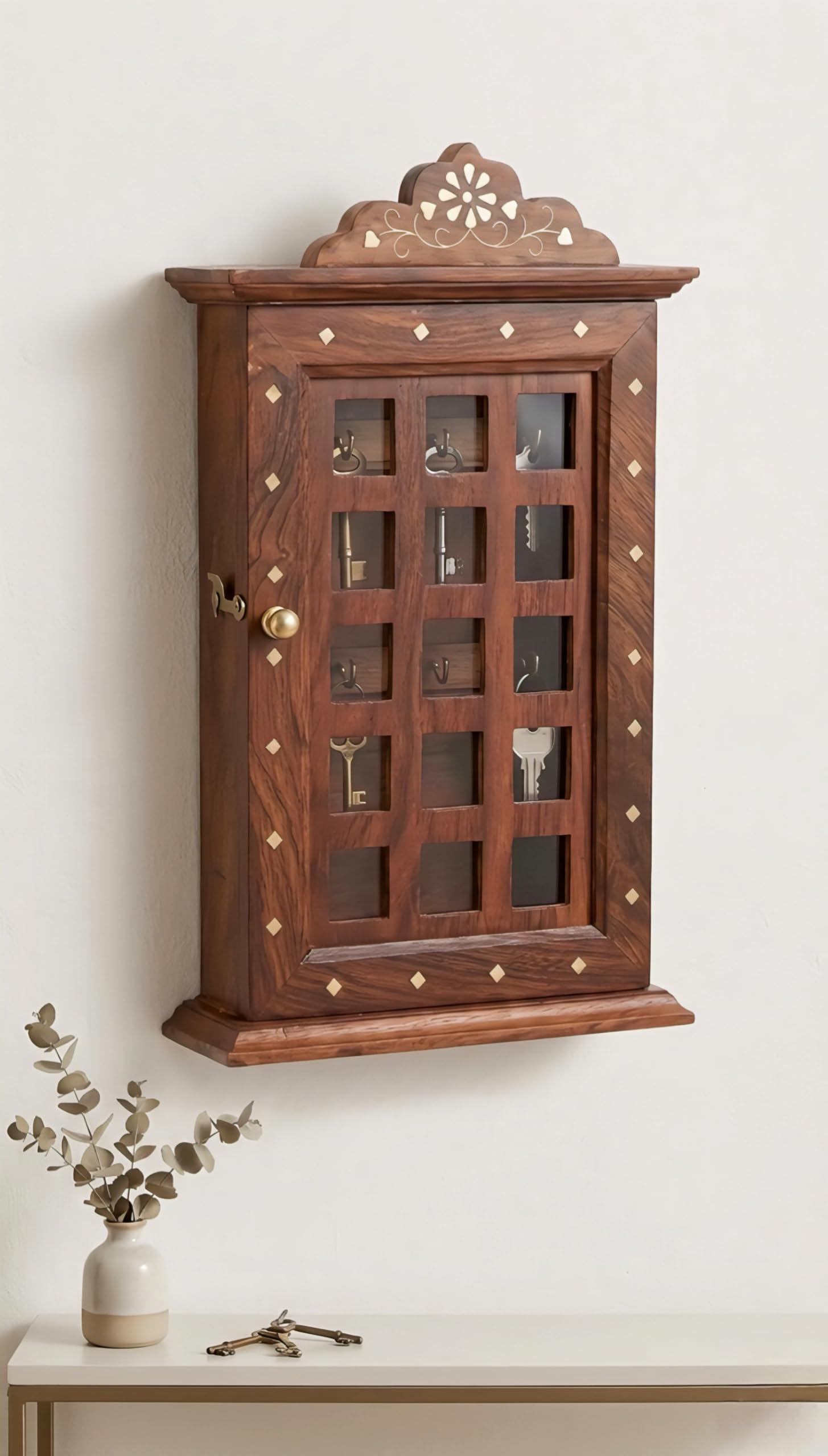 Wooden Key Holder Cabinet with Door, Wall Mounted, Decorative Crown Design, Brown Sheesham Wood, 6 Key Hooks, Traditional Style