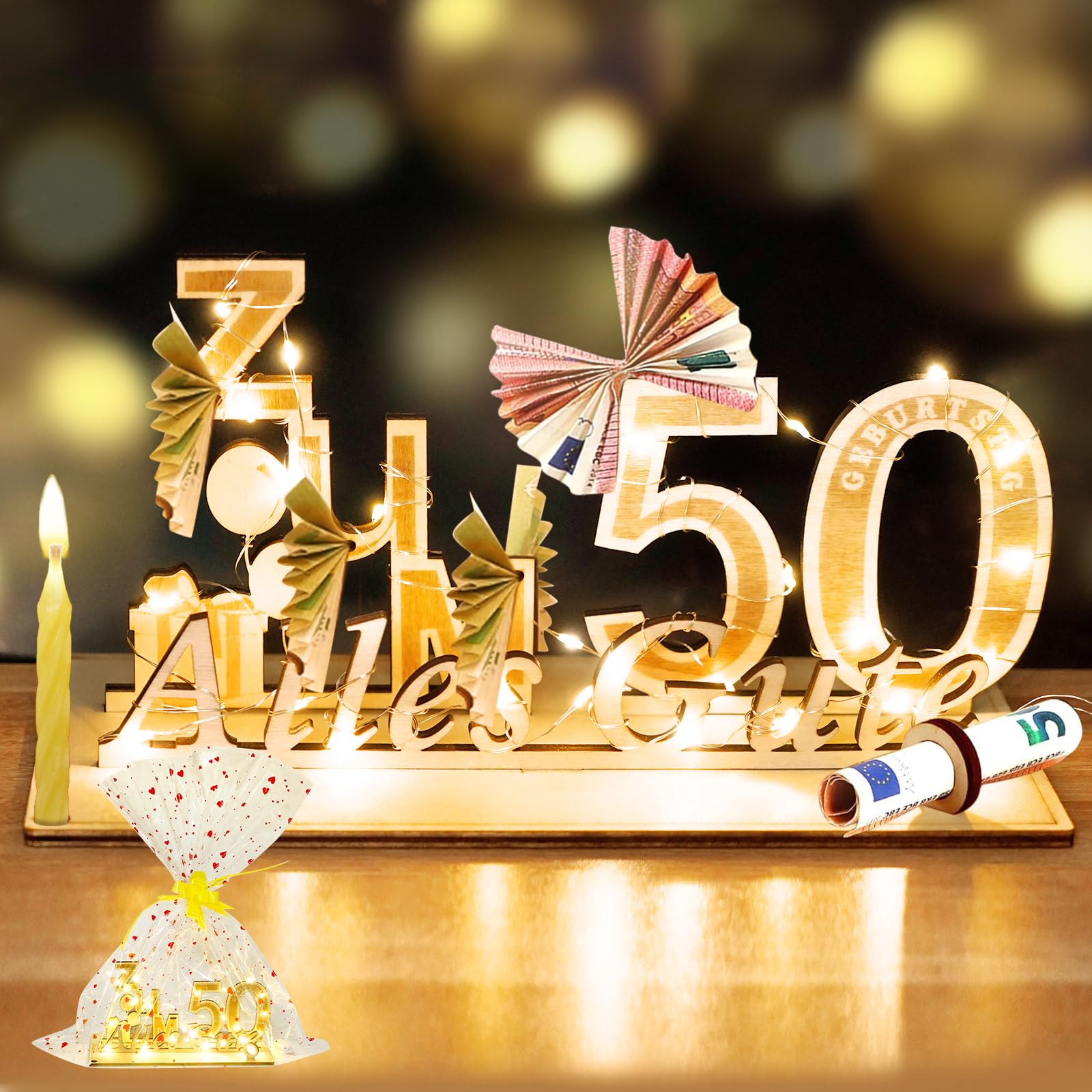 YSWOVUO Regalo di 50° Compleanno Uomo Donna, Libro Degli Ospiti in Legno per Uomo e Donna, Regali d'Argento in Legno con Catena Luminosa LED, Alles Gute