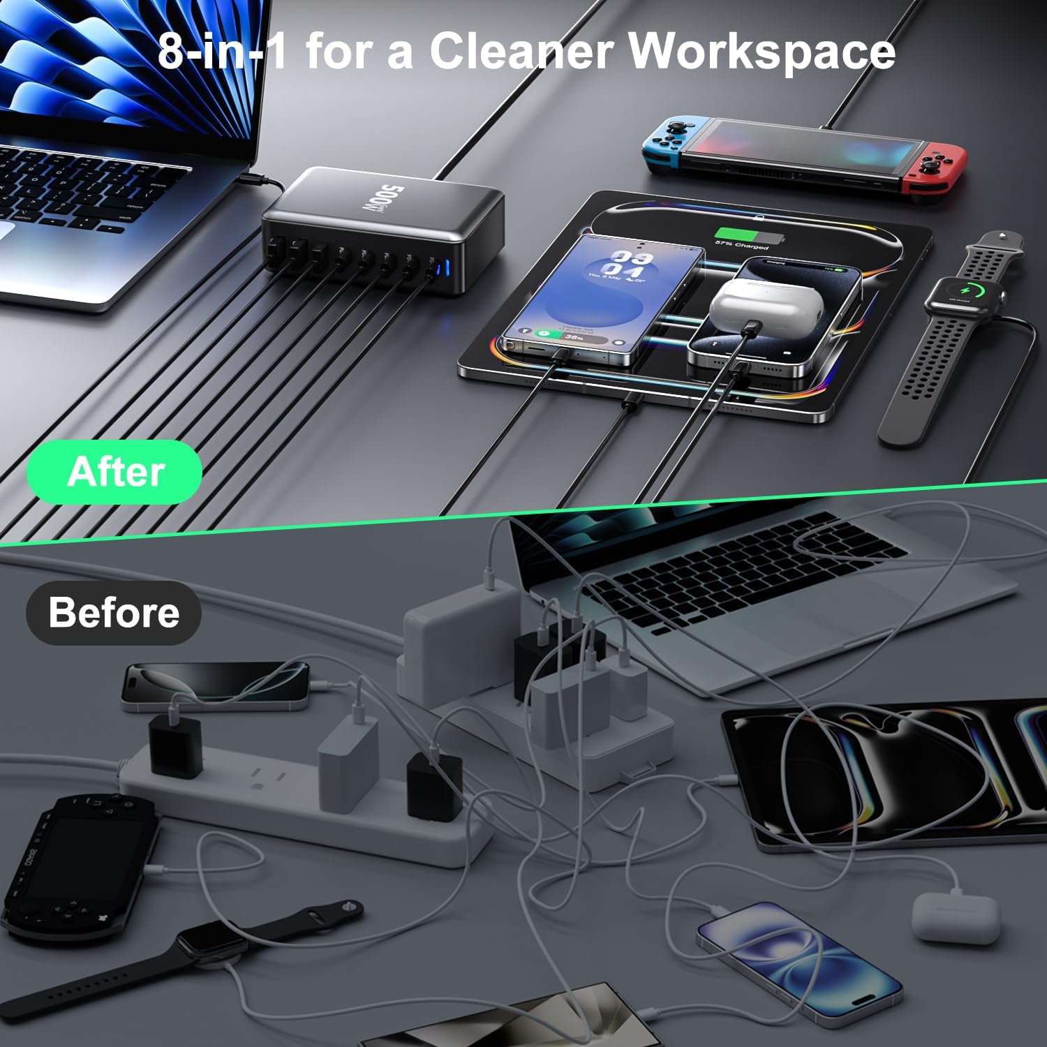Cargador USB C 500W, 8 en 1 Cargador Rápido, GAN III PPS Estación de Carga 2-PD100W Puerto + 4-PD65W + 2 QC3.0 USBA, PD100W Portátil Adaptador Compatible con MacBook Pro/Air/iPad/iPhone 15/16/Samsung