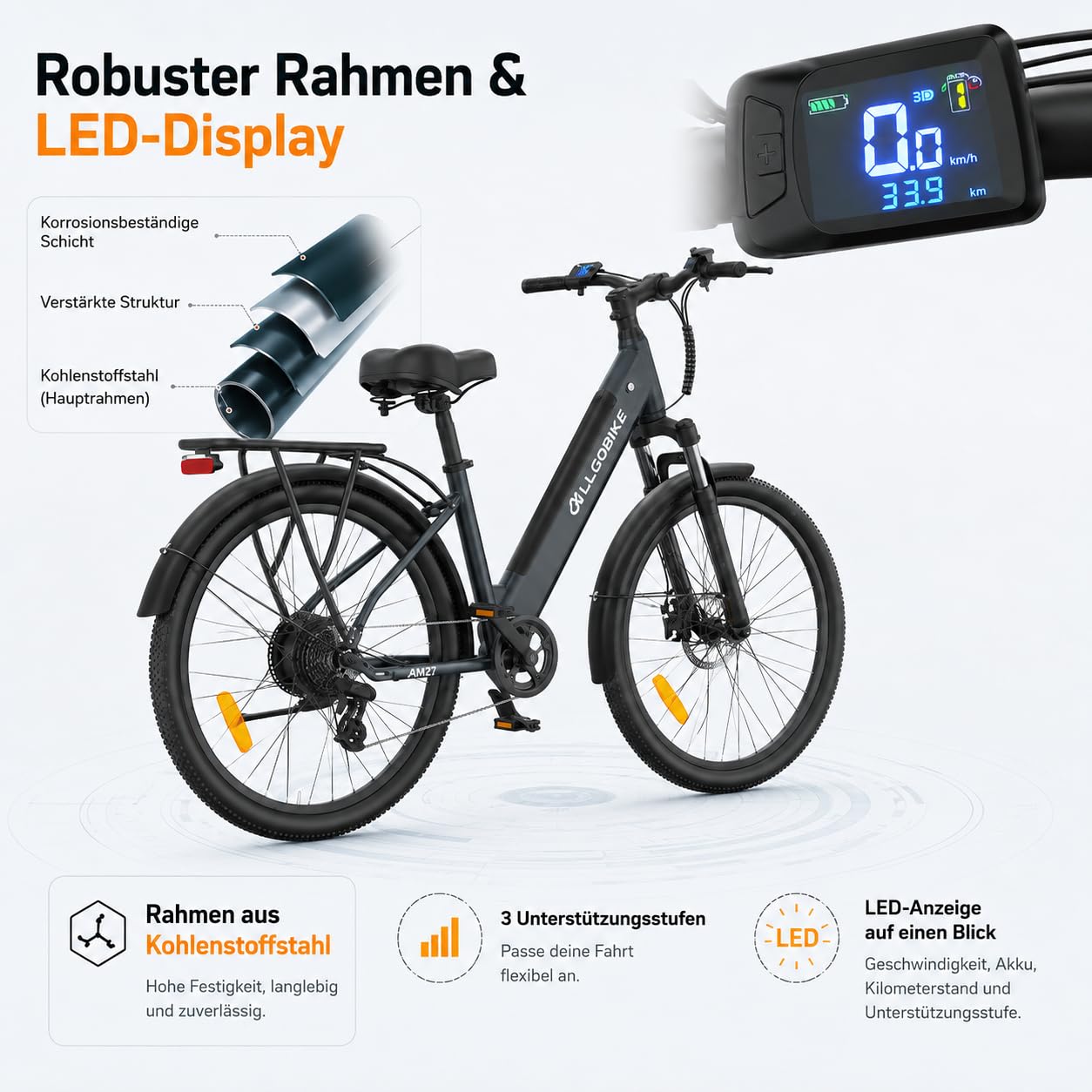 AM27 Elektrofahrrad 27,5 Zoll E-Bike für Damen und Herren 250W Motor 36V 15Ah Akku 25 km/h 7-Gang-Schaltung 3 Unterstützungsstufen Scheibenbremsen LED-Beleuchtung