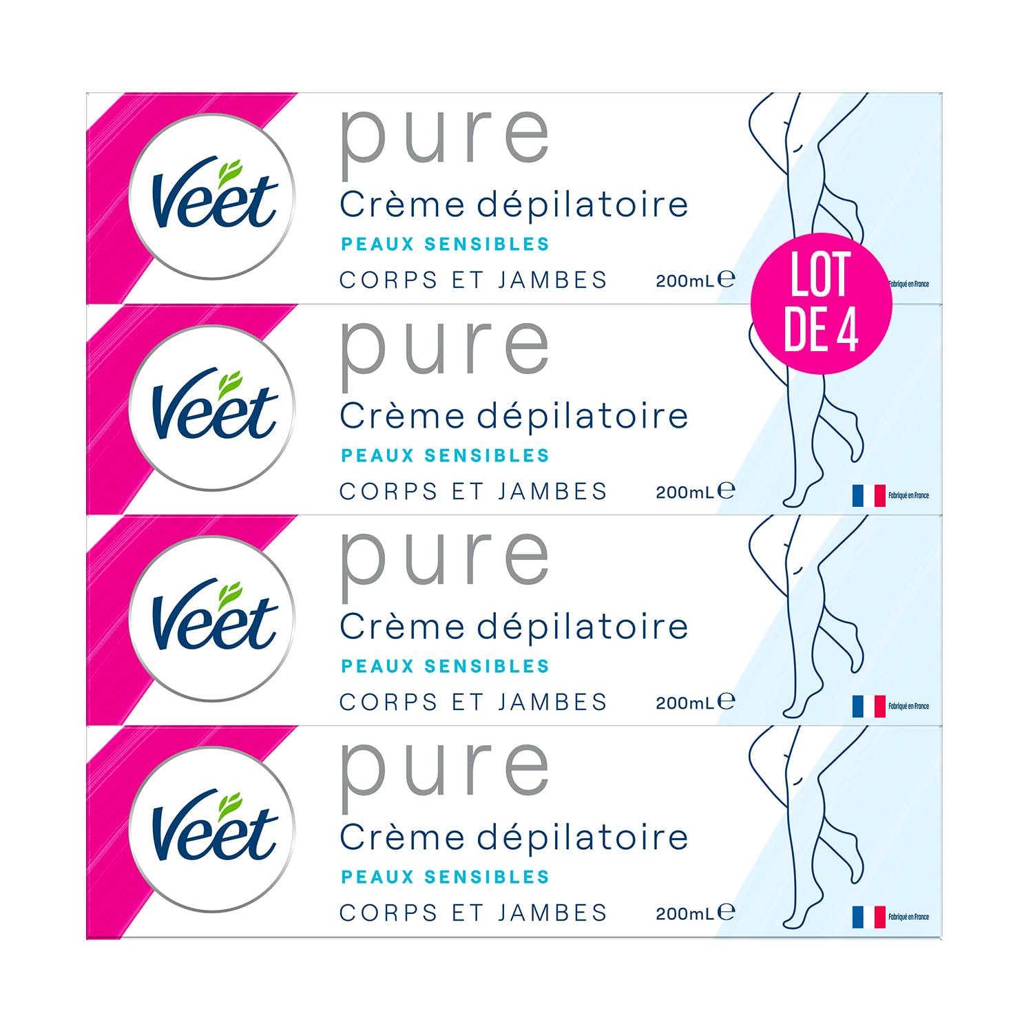 Veet Pure Body and Leg Hair Removal Cream Sensitive Skin No Ammonia Smell 4 x 200ml