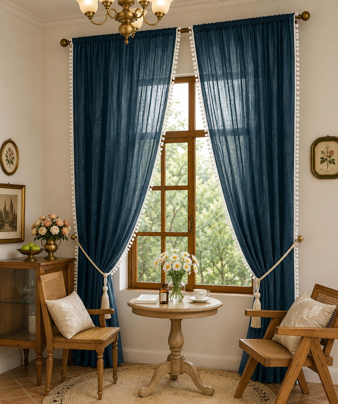 THE LINEN COMPANY Sheer Cotton Curtains Window Curtains with Pom Pom Lace Rod Pocket Light Filtering Transparent Net Curtains for Window Curtains Door Curtains Living Room Navy Blue 4 Ft Pack of 2