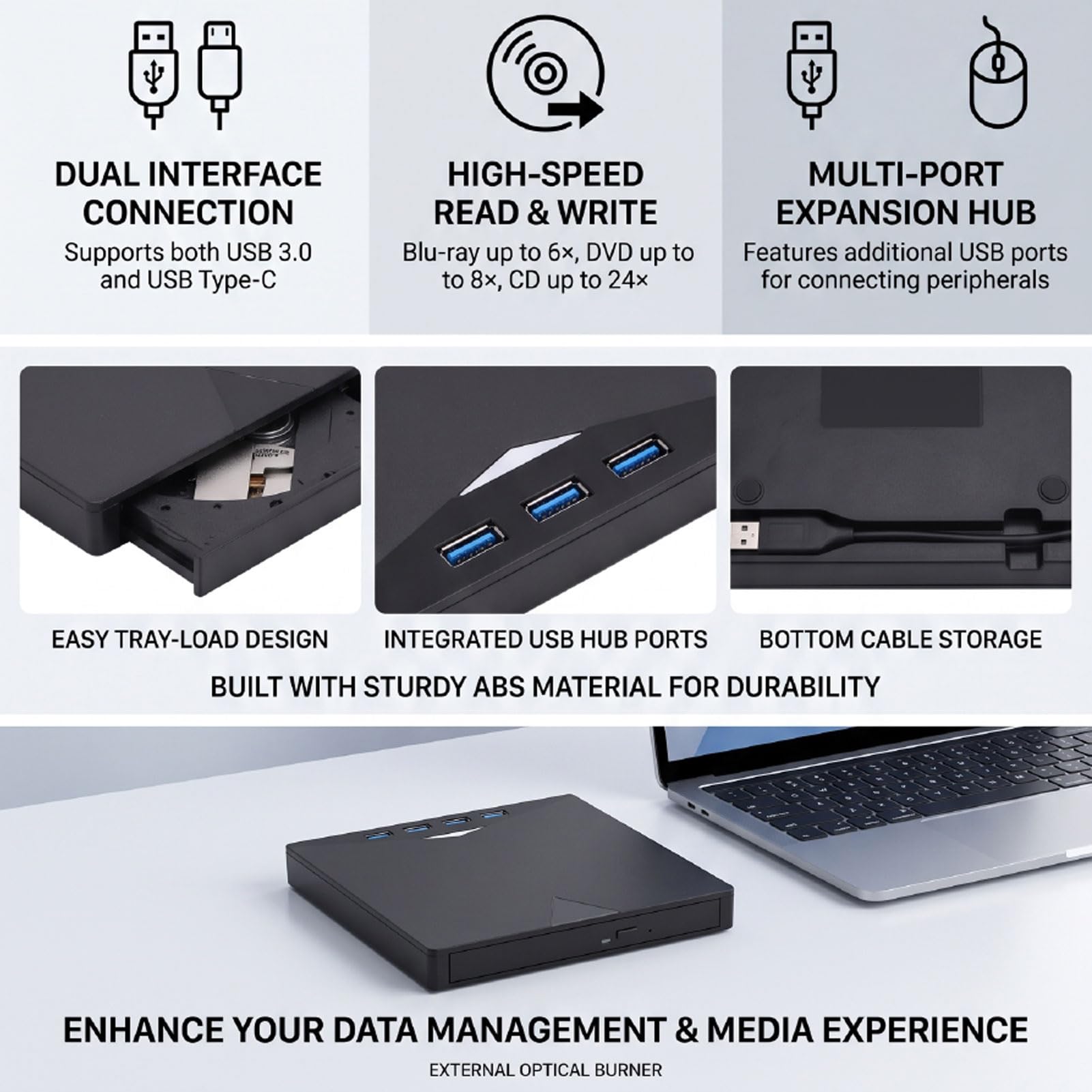 Jectse Zewnętrzny Napęd CD-DVD 2 w 1, Odtwarzacz DVD USB 3.0 i Typu C