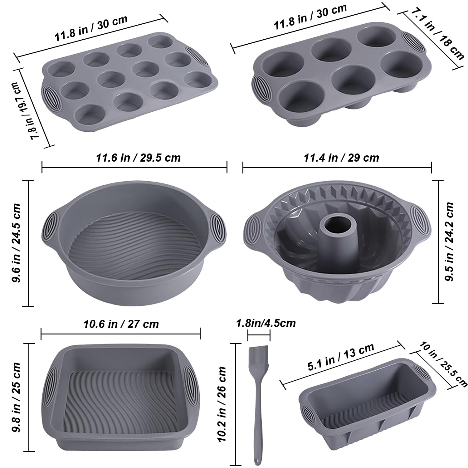 Juego de moldes de silicona antiadherente 7 en 1 para hornear, molde para pasteles, molde para pasteles, molde para tostadas, molde para magdalenas y moldes para magdalenas, juego de