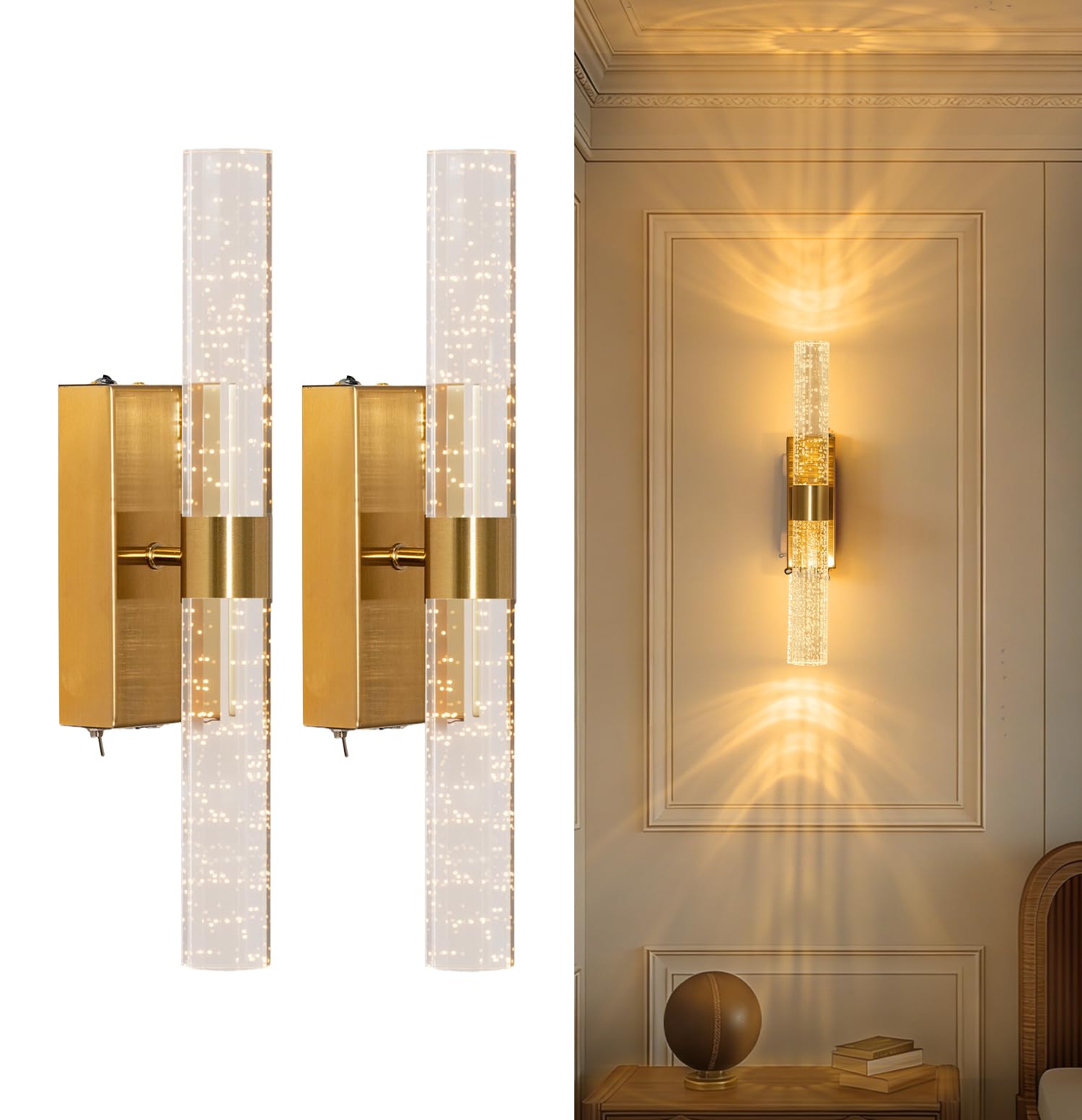 Wandleuchte Innen Akku mit Fernbedienung, Moderne Zylindrischer Blasenlinse 12000mAh Wandlampe, Dimmbar,Timer, 3000K, Kabellos & Ohne Bohren, Für Schlafzimmer,Wohnzimmer, Flur, Gold,2 Set(39CM)