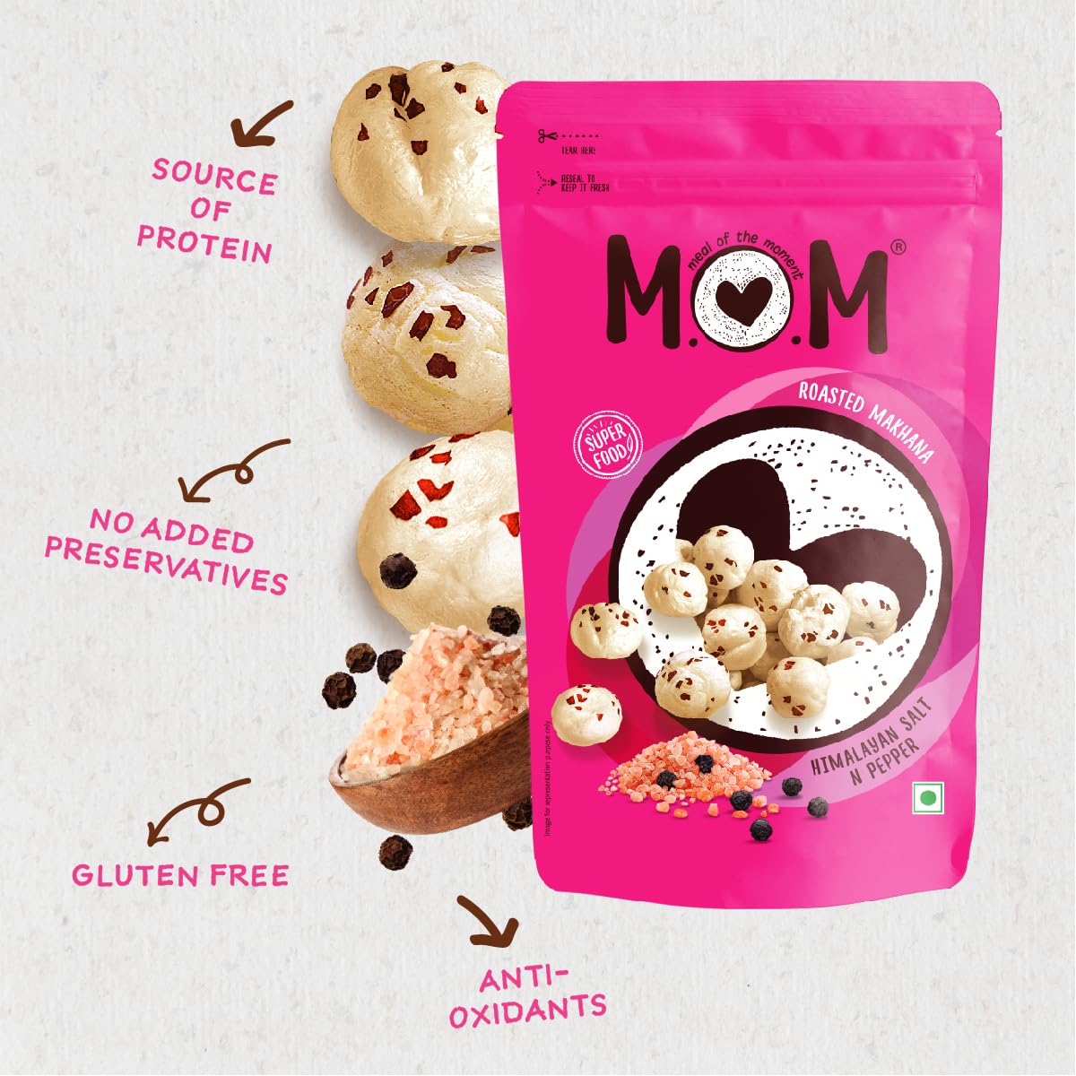 MOM - Meal of the Moment, Roasted Himalayan Salt N Pepper Makhana (Pack of 3), 52g Gluten Free | Anti Oxidants | MSG Free | Zero Trans Fat | No added Preservatives and No Artificial Flavours - Image 2 thumbnail