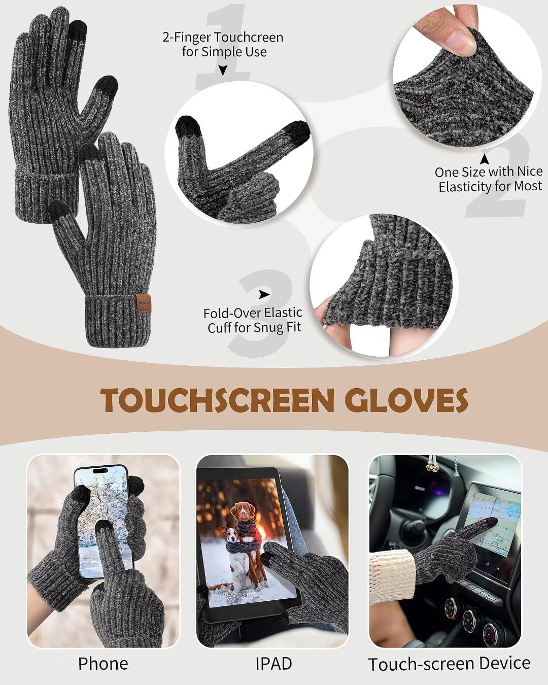 Winuesa Fascia per capelli, cappello, sciarpa e guanti da donna, in ciniglia, foderata in pile, scaldacollo, sciarpa, guanti touchscreen, set regalo 4 in 1