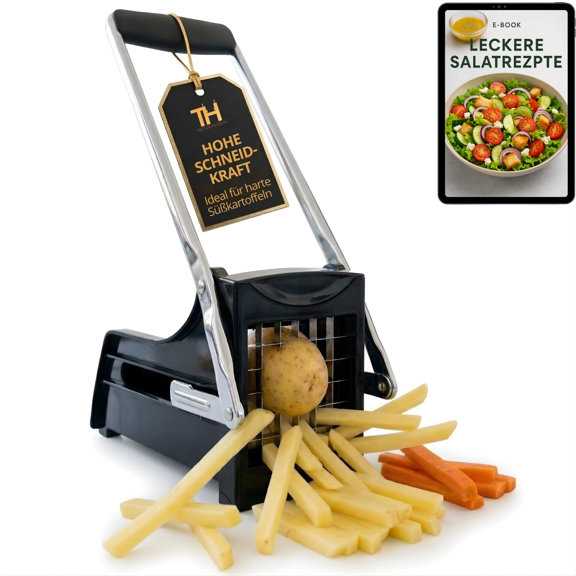 Thiru Premium Pommesschneider mit starker Schneidkraft - Note "sehr gut" - 100 Tage testen - Kartoffelschneider & Gemüseschneider für Pommes, Süßkartoffeln & Obst - mit 2 Edelstahlklingen & Saugfuß