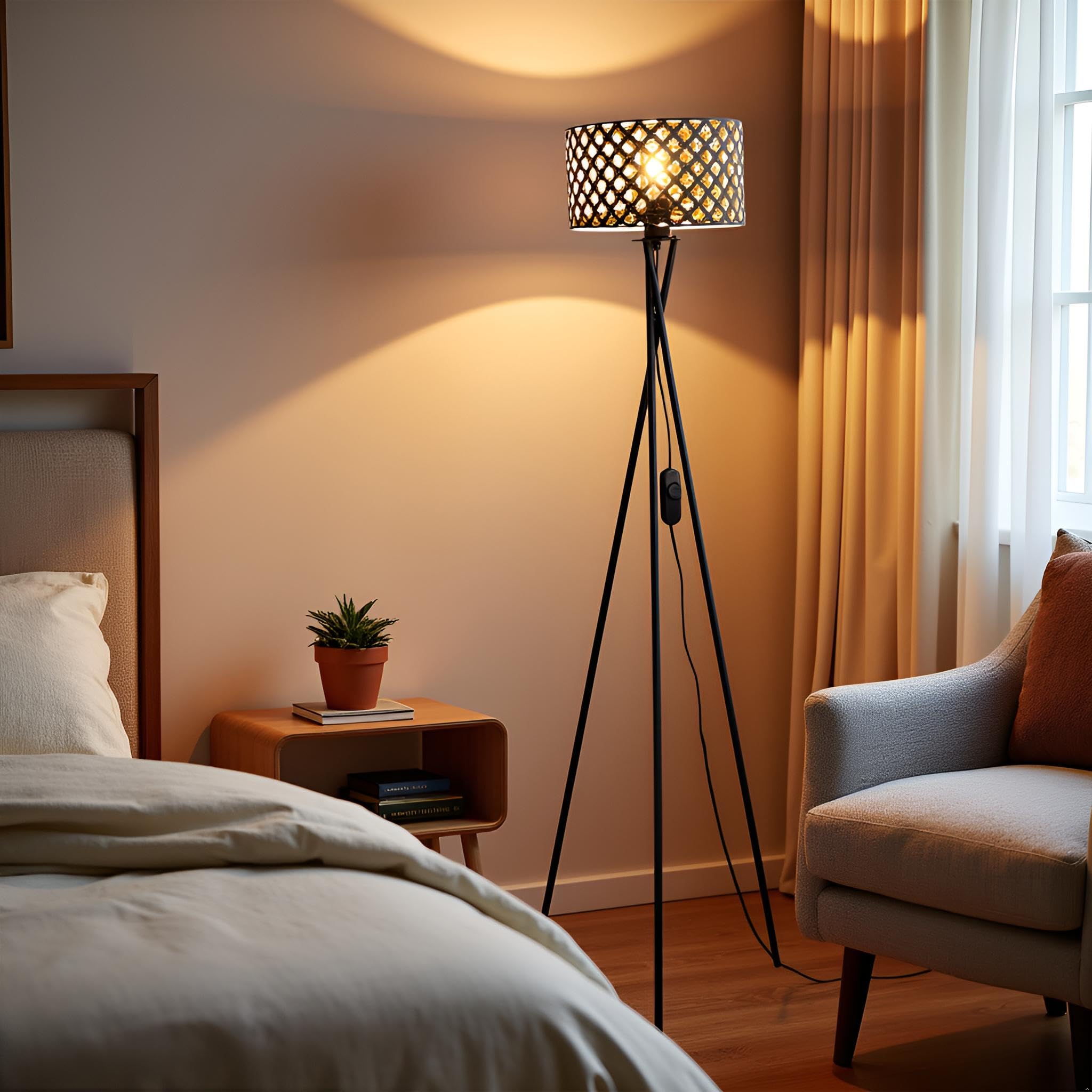 Vintage Metall Stehleuchte Dimmbar LED, Schwarz/Gold | Dreibein, Wohnzimmer & Schlafzimmer, Retro Standleuchte, Für Familien