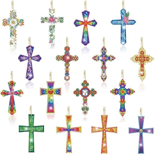 Llaveros de pintura de diamantes en forma de cruz con forma de cruz, colgantes 5D de doble cara, kits de pintura de diamantes para principiantes,