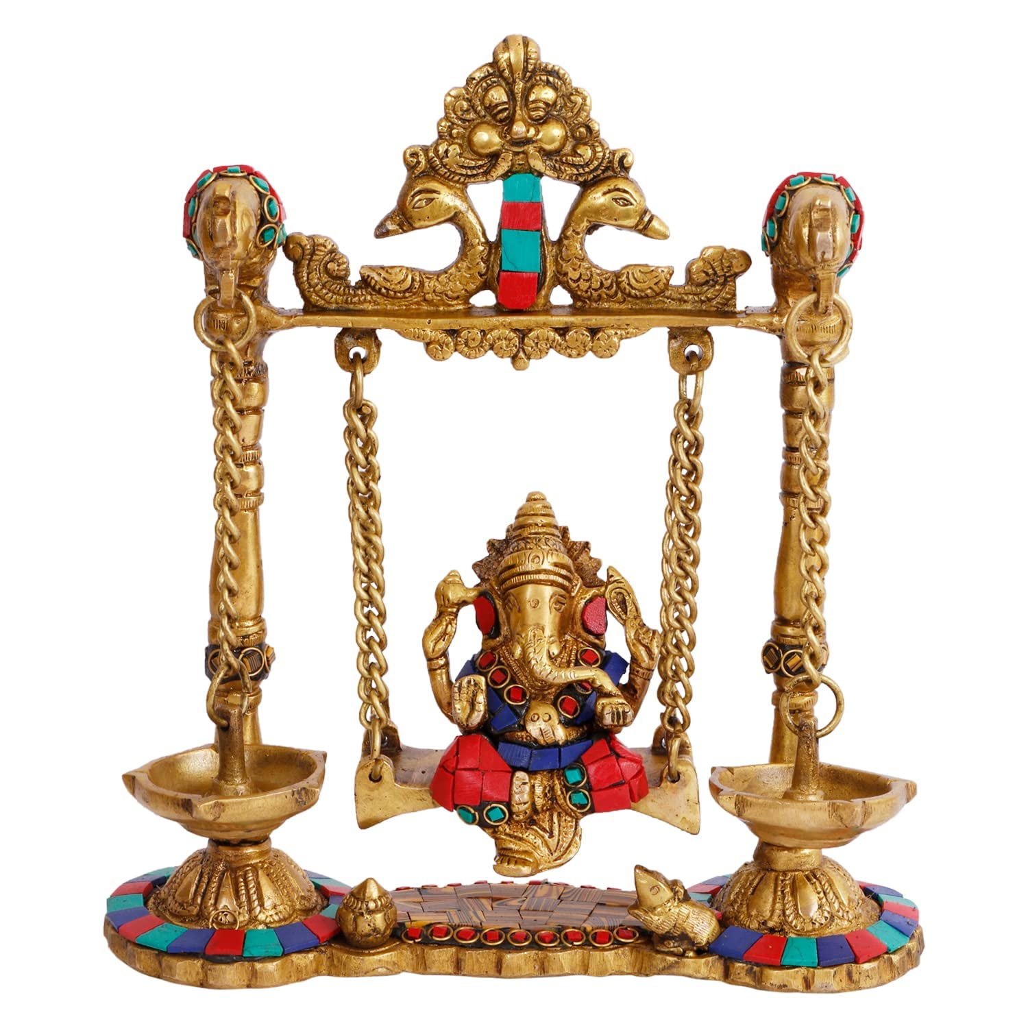 Kartique Brass Ganesh Bhagwan Jhula with Two Diyas Ganesha Idol Swing Ganpati Bappa Jhoola Murti for Home House Warming Mandir Office Decor Couple Gift Multicolored Stone Work