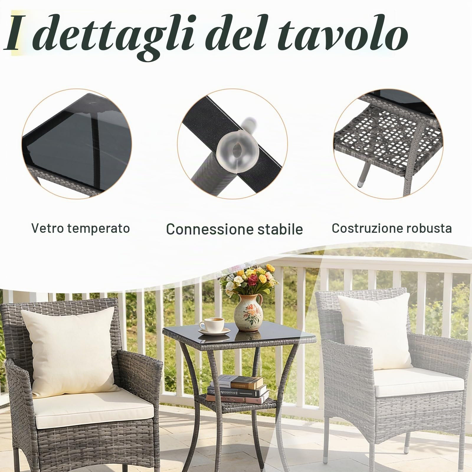 KOMFOTTEU Set Mobili da Giardino in Rattan con Tavolino in Vetro Temperato | 2 Poltrone con Cuscino Portata 180kg, ideali per completare il tuo set da giardino in rattan
