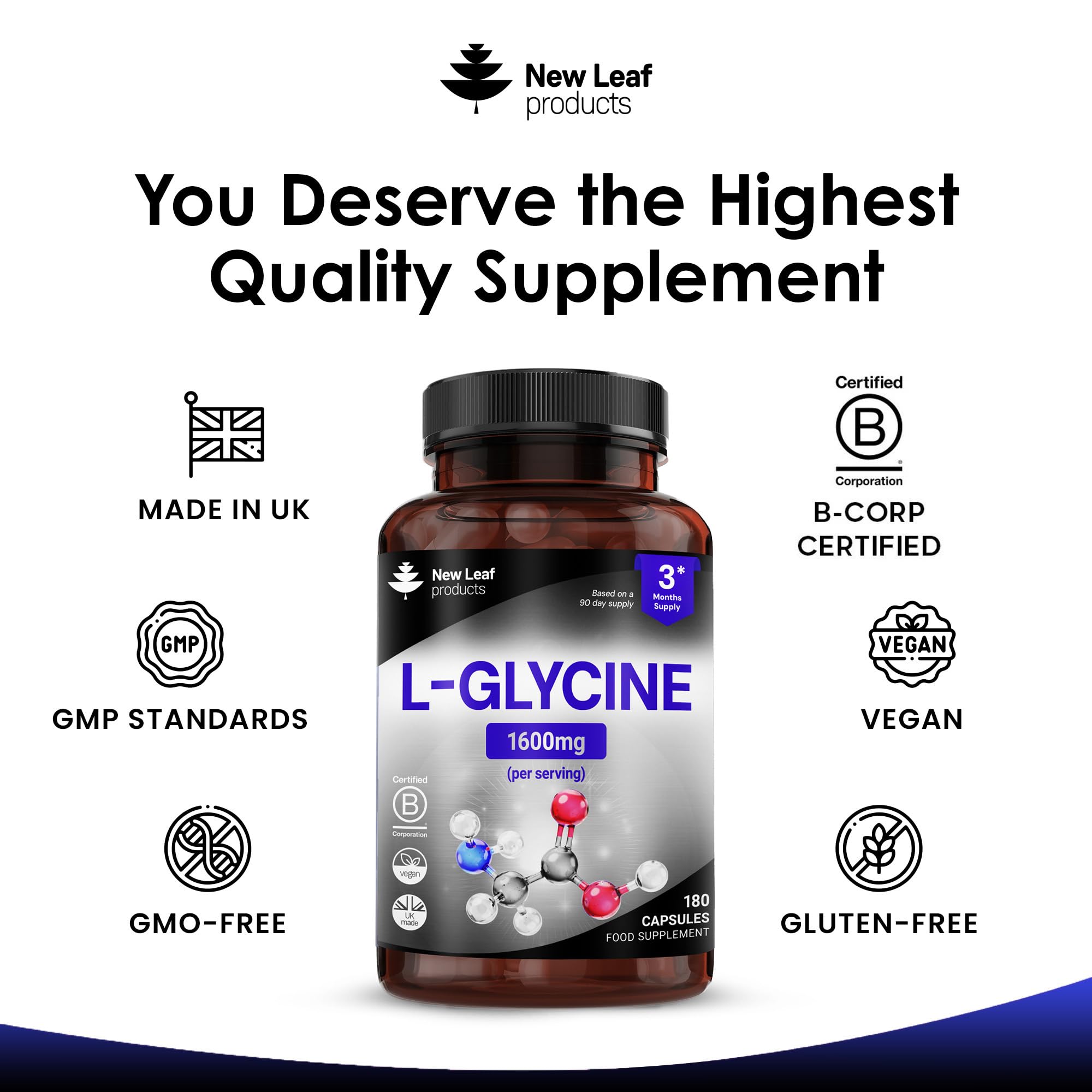 L-Glycine Capsules - 180 High Strength Vegan Amino Acid Supplements - 1600mg P/S | UK