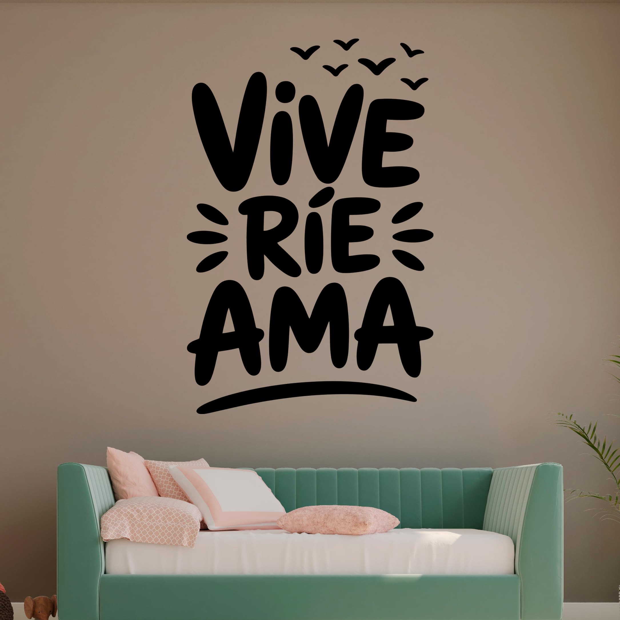 Vinilo Decorativo con Frase Positiva "Vive Ríe Ama" Pegatina Adhesiva para Decorar Hogar, Salón o Dormitorio, Adhesivo de Pared con Mensaje de Amor, Alegría y Estilo Moderno (Negro, 160 x 106 cm)