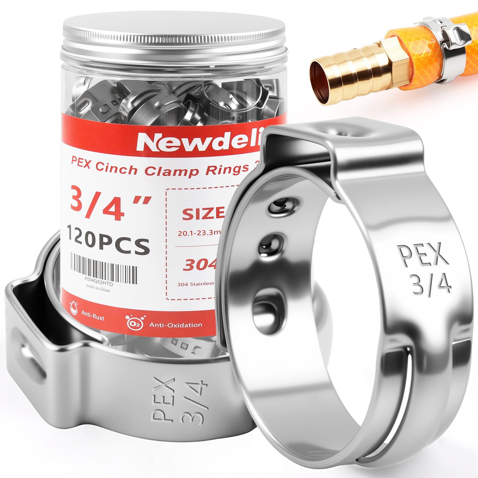 Newdeli 120pcs 3/4 inch Pex Crimp Rings Stainless Steel PEX Clamps Single Ear Hose Clamps Pex Fittings Cinch Pinch Clamp for Pipe Tubing Plumbing