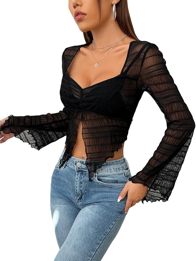 WDIRARA Women's Sheer Mesh Sweetheart Neck Split Front